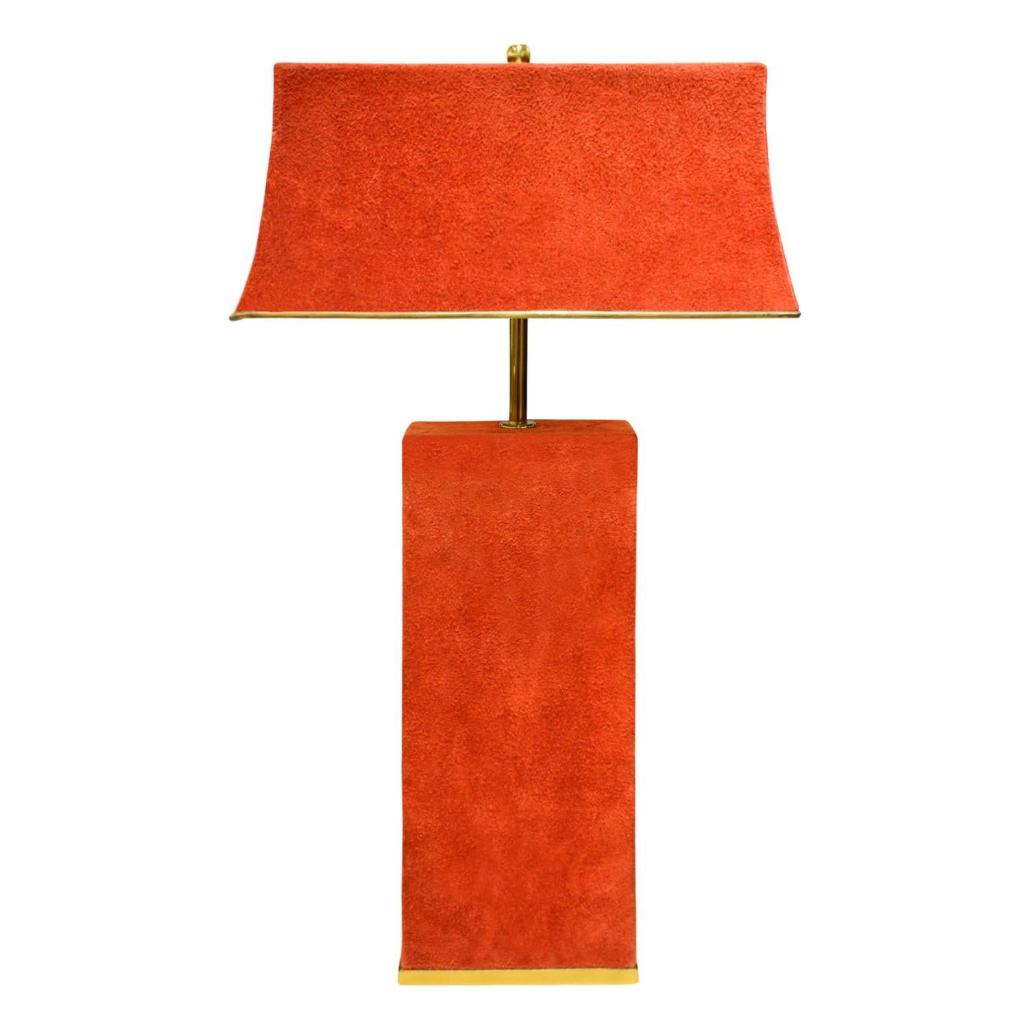 Karl Springer Chic Table Lamp in Brass and Red Suede 1970s