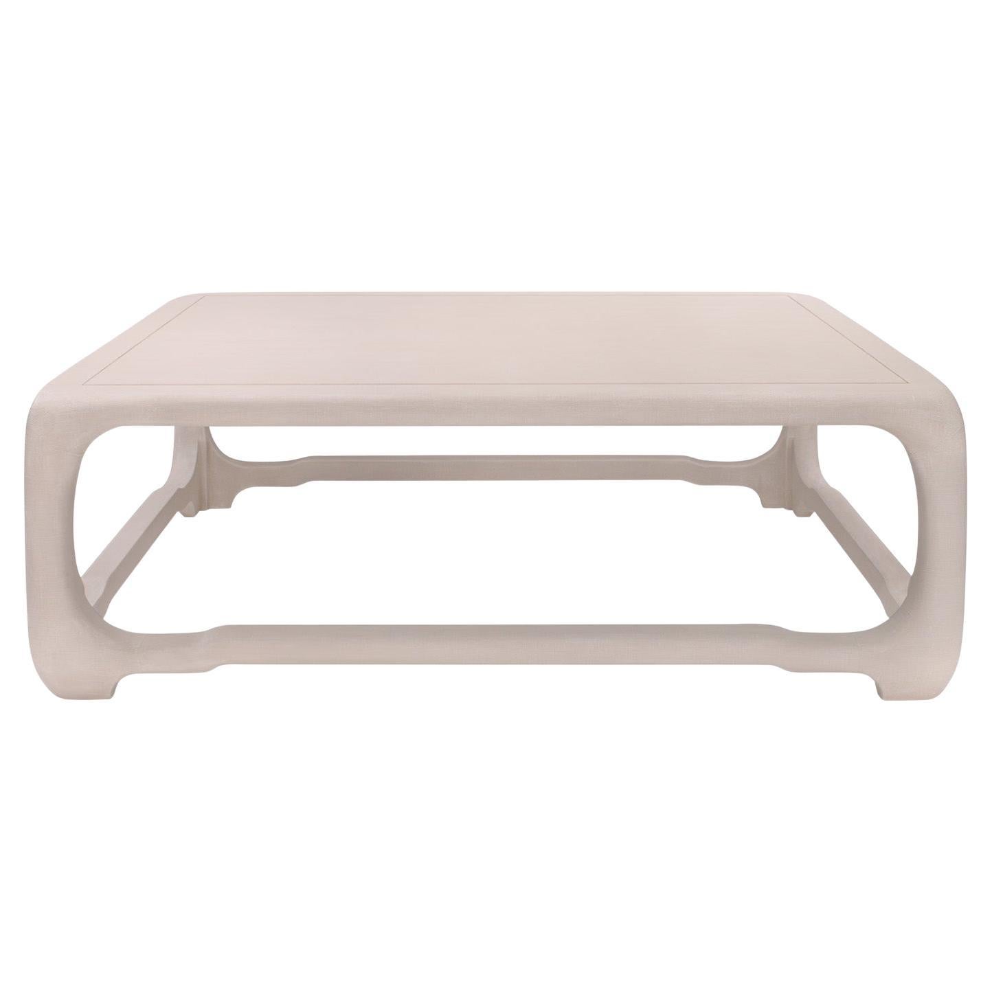 Karl Springer "Chinese Cube Style Coffee Table" in Beige Lacquered Linen 1980s For Sale