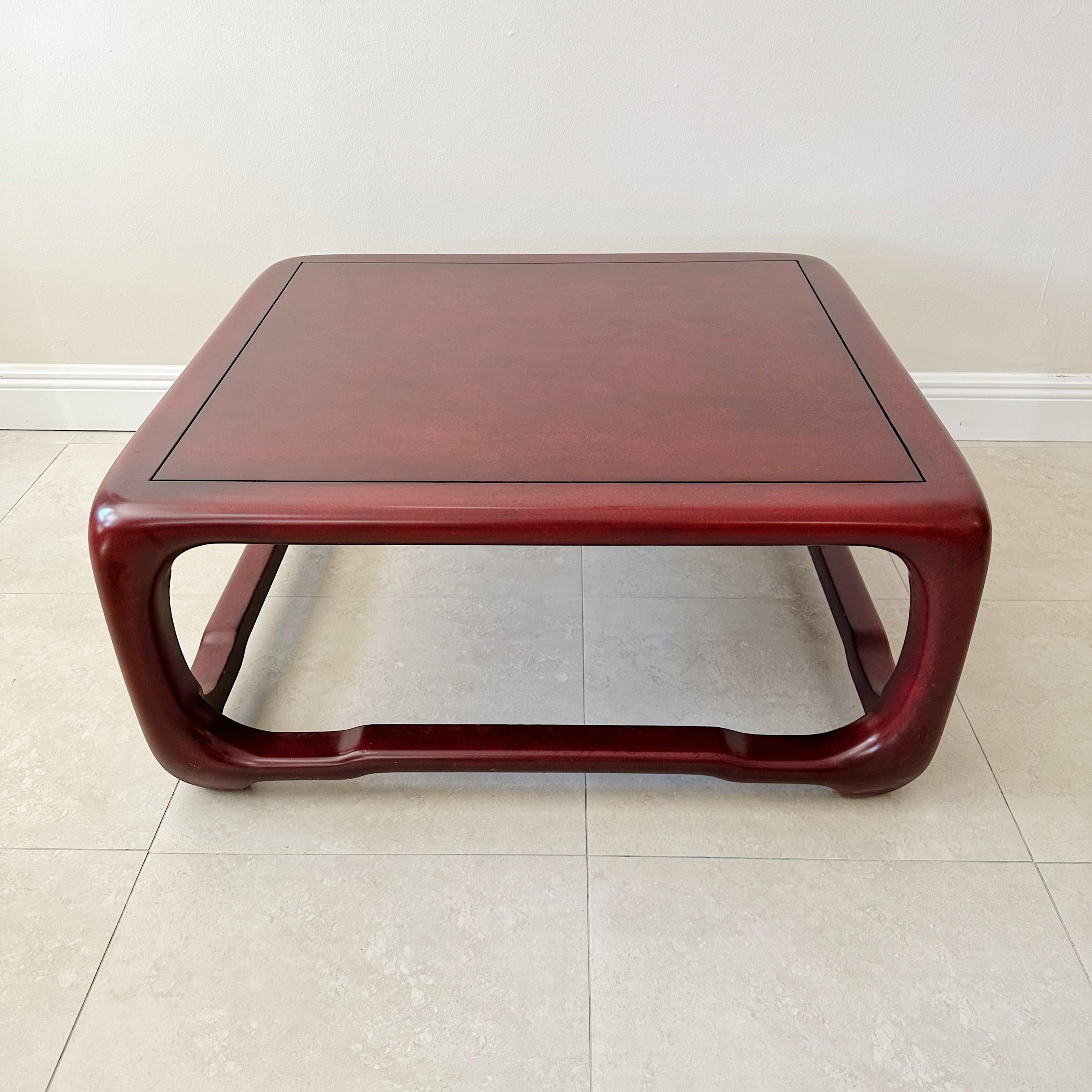 Chinese cube style coffee table by Karl Spring in Lacquered Chinese red. As seen in the Karl Springer LTD catalog 