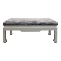 Retro Karl Springer "Chinese Style Bench" in Gray Lacquered Linen, 1970s