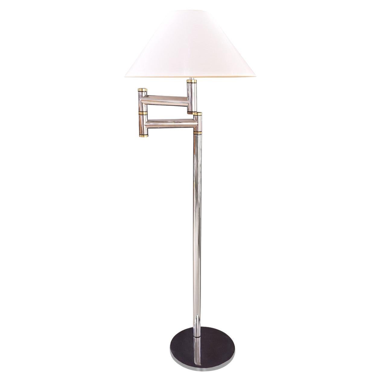 Karl Springer Chrome and Brass Swing-Arm Floor Lamp, 1980s