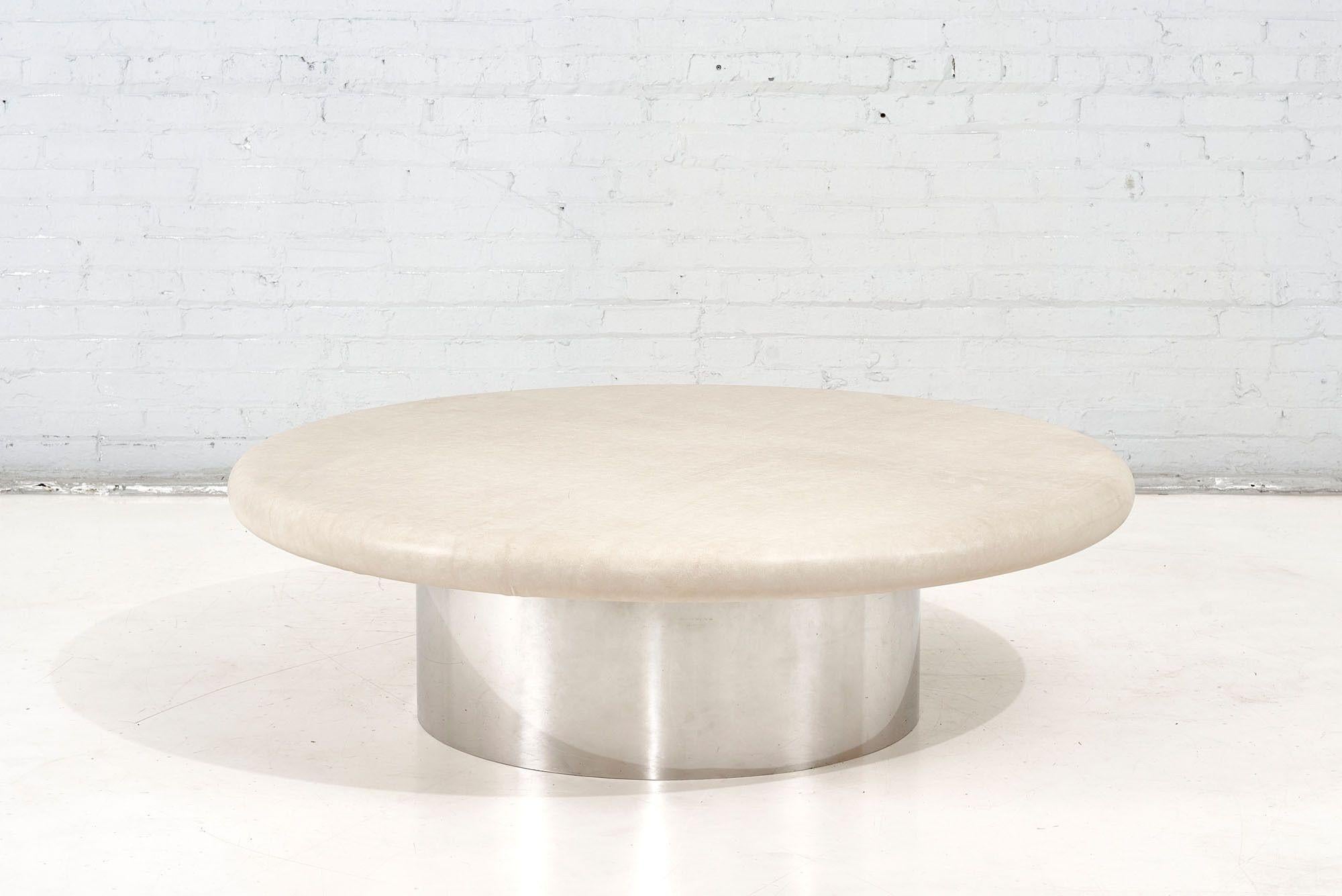 Karl Springer style chrome drum coffee table with leather top, 1960. Restored.