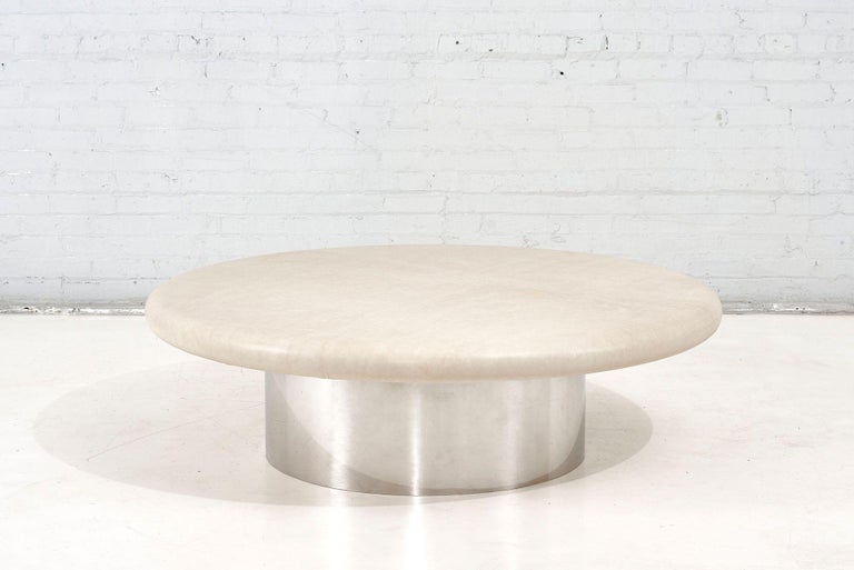 Karl Springer chrome drum coffee table with leather top, 1960. Restored.