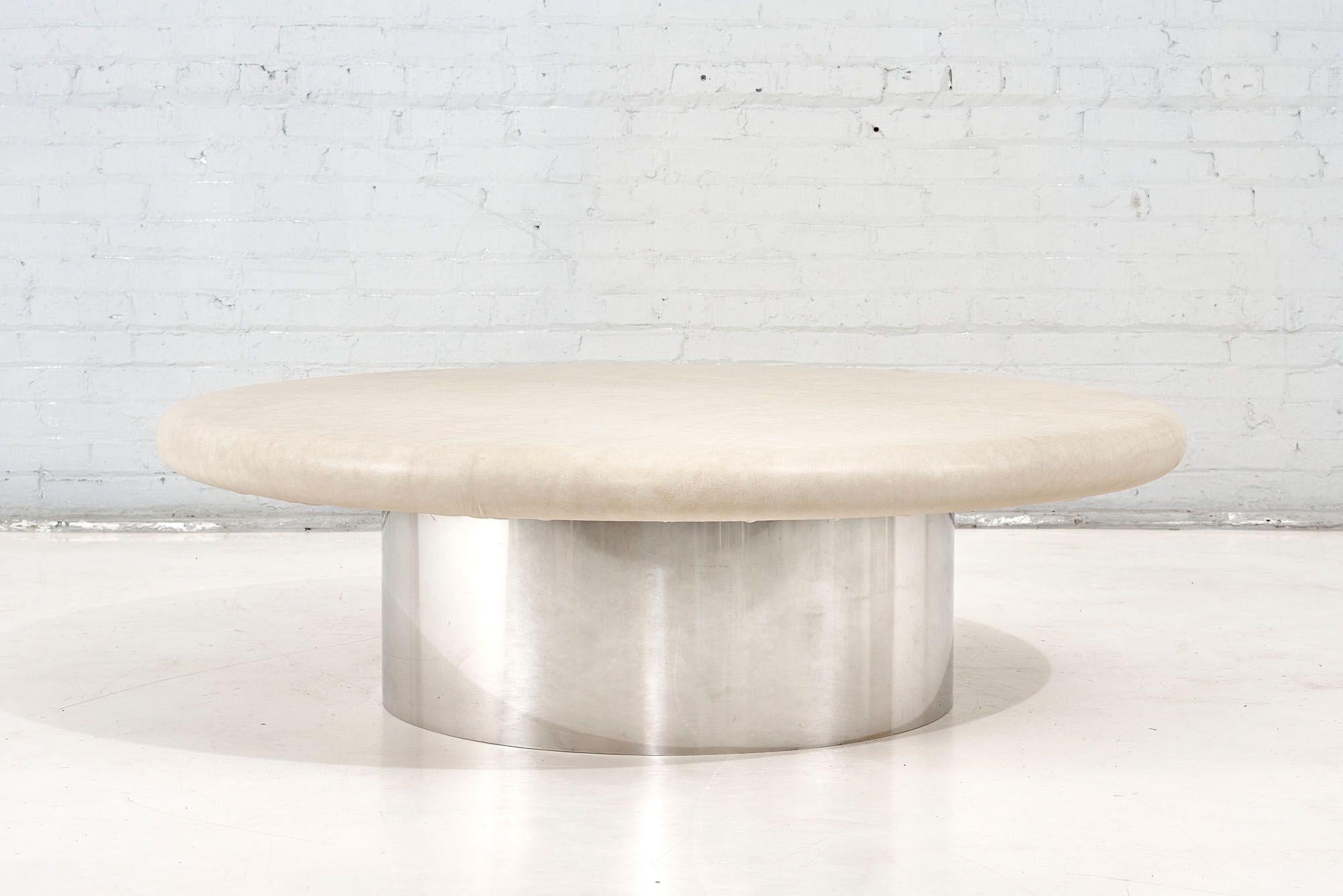 Mid-Century Modern Style of Karl Springer Chrome Drum and Leather Coffee Table, 1960 For Sale