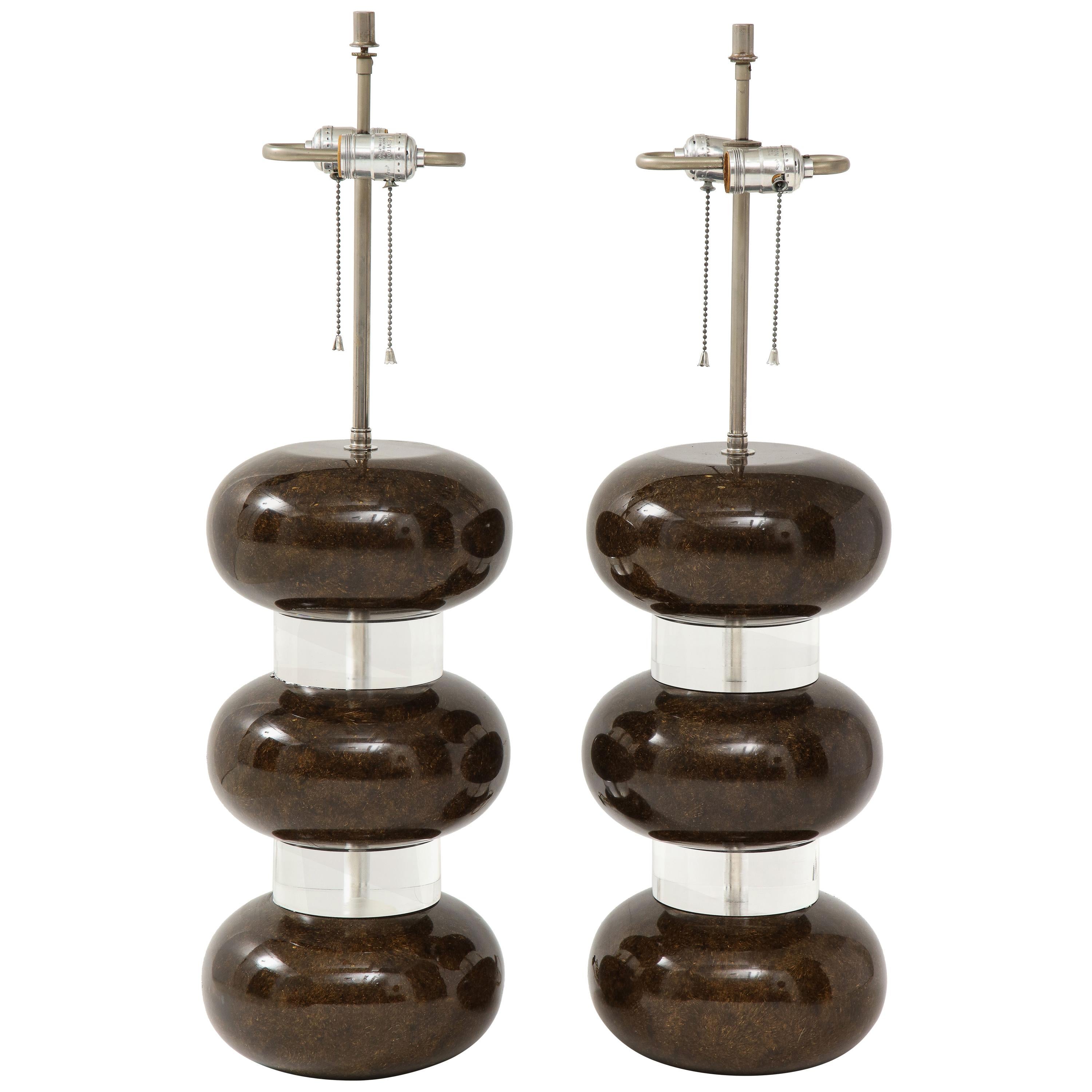 Karl Springer Clear and Marbleized Brown Bubble Lamps For Sale