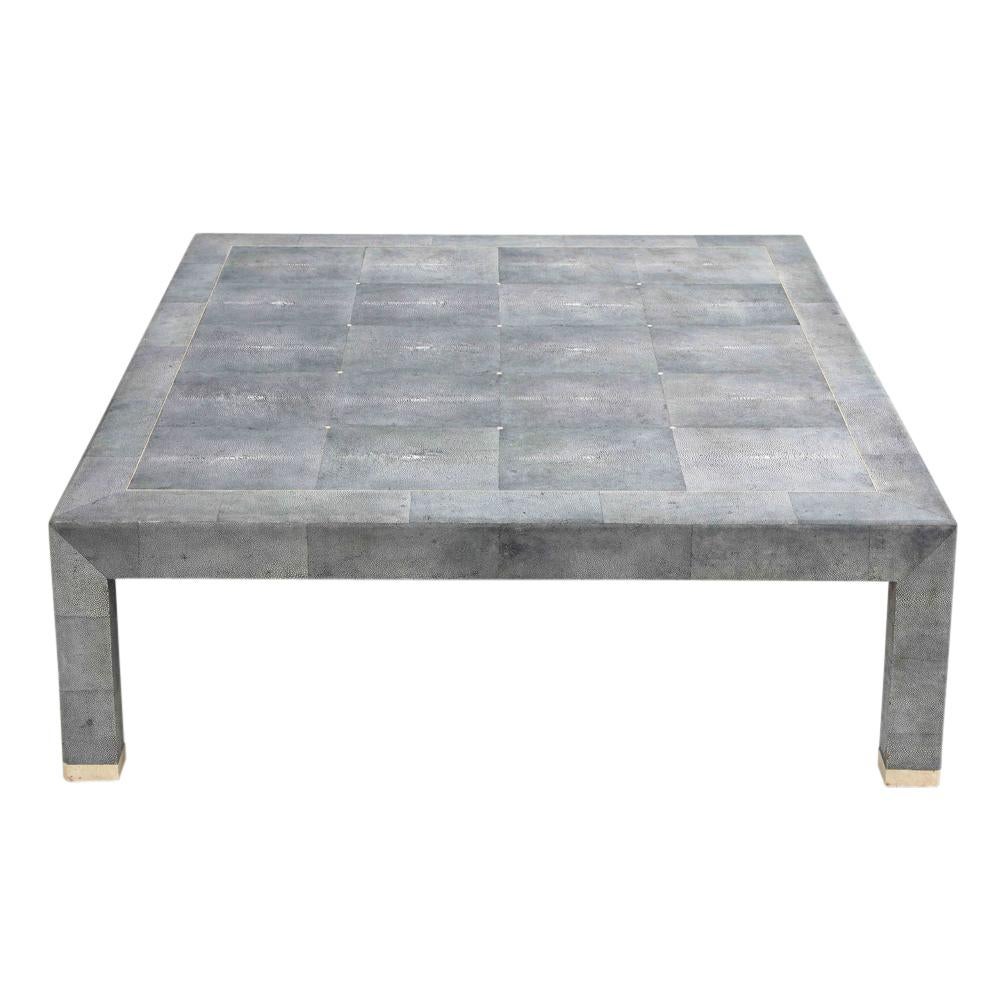 Large scale blue shagreen over wood square cocktail table with bone inlay on the table's surface and bone covered leg caps. Meticulously hand-crafted in the Philippines for the export market in the 1980's. The underside is painted black. In the