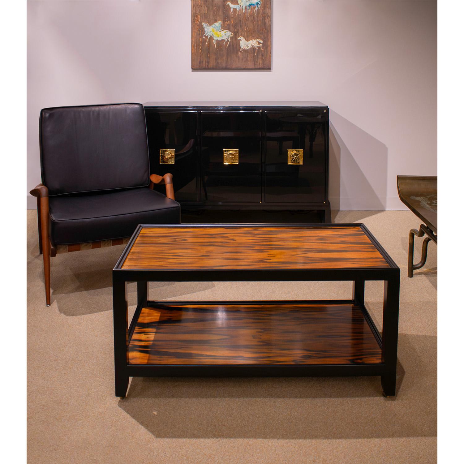 Brass Karl Springer Coffee Table in Figured Zebrawood and Black Lacquer 1980s For Sale