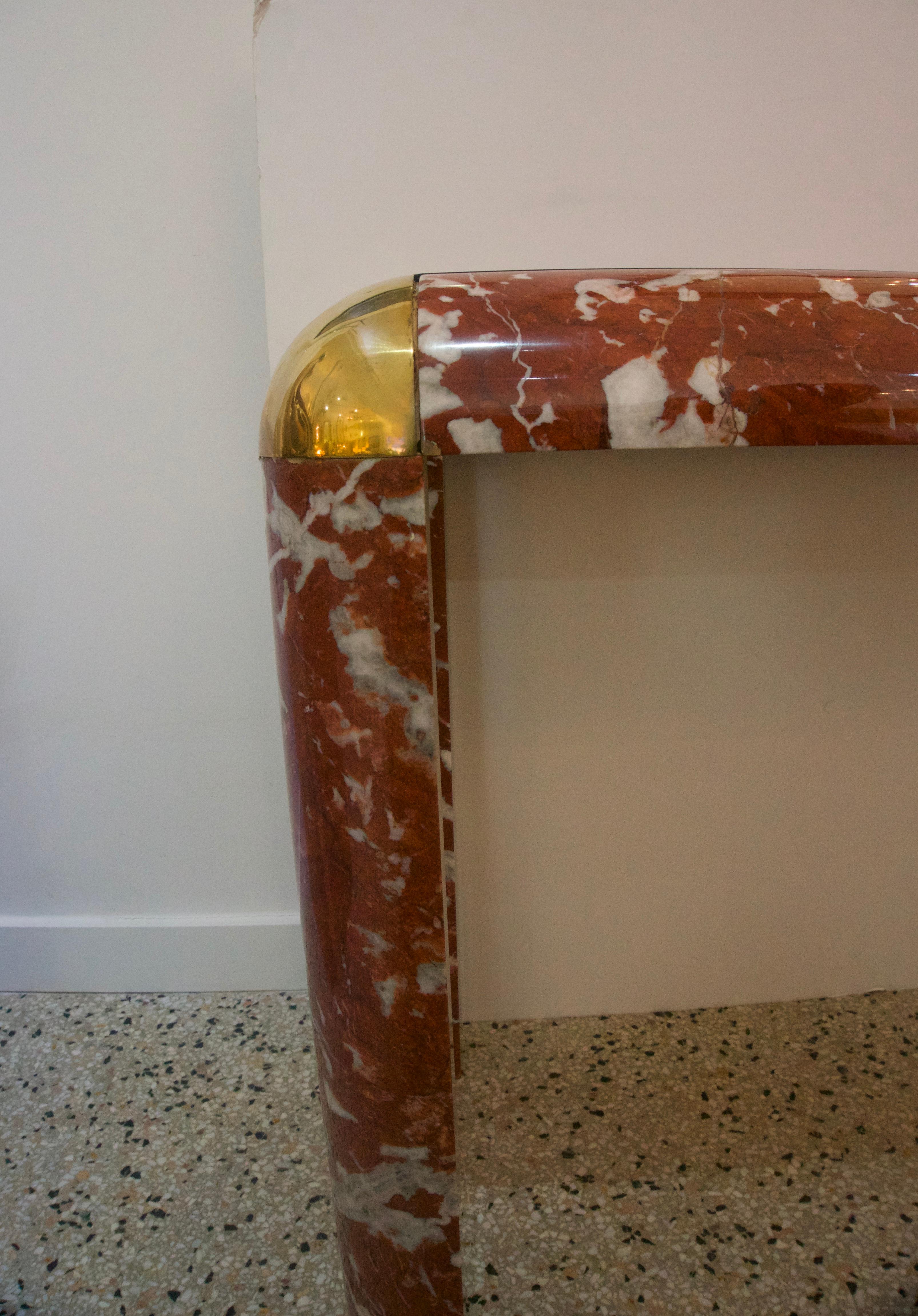 American Console Table in Breccia Marble, Brass and Glass For Sale