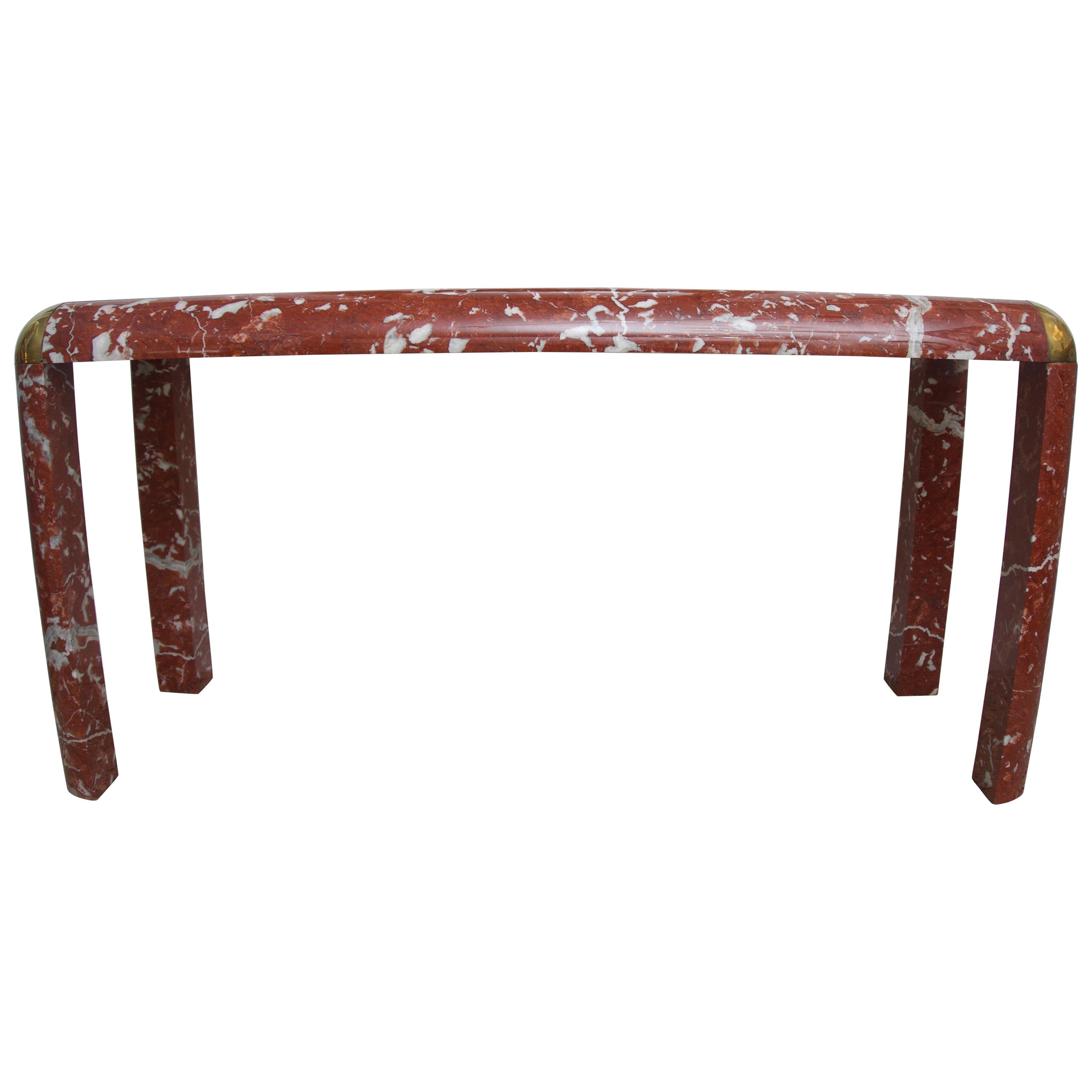 Console Table in Breccia Marble, Brass and Glass For Sale
