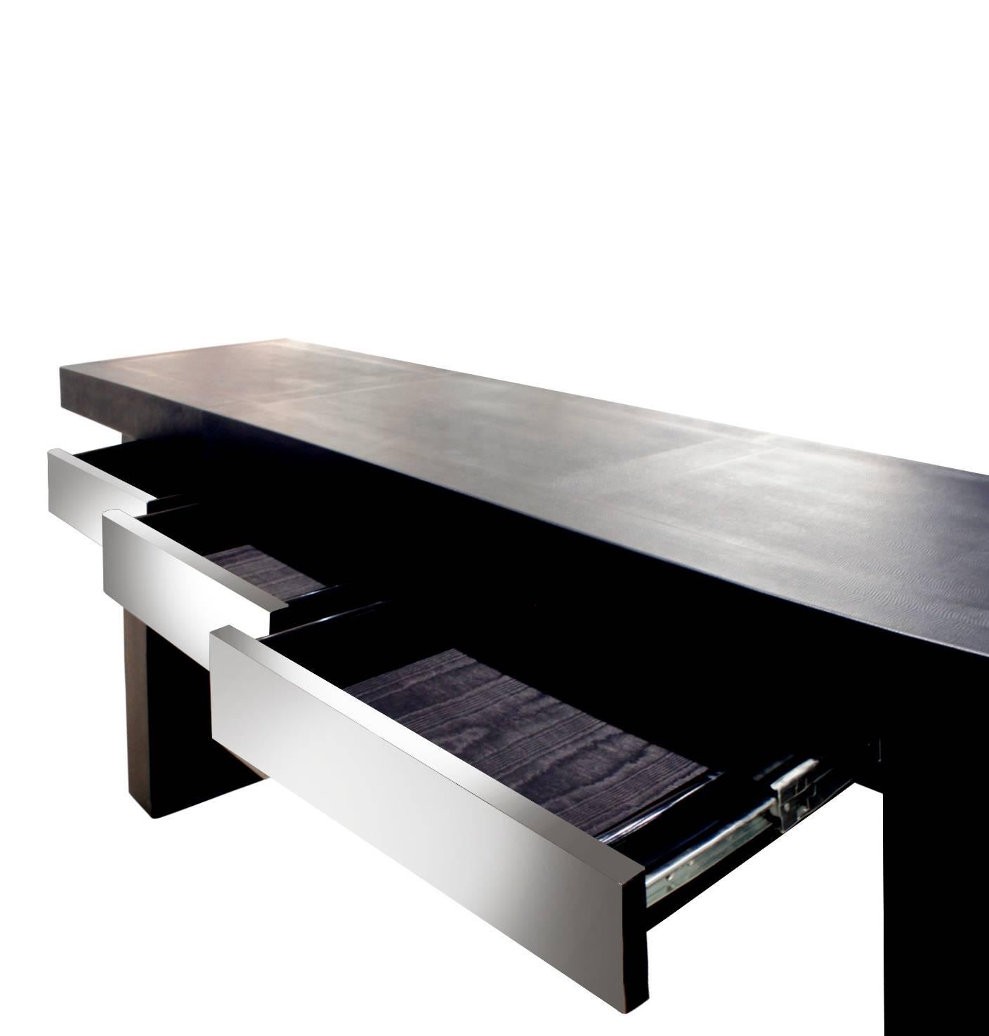 Hand-Crafted Karl Springer Console Table in Embossed Lizard Leather and Gun Metal, 1986