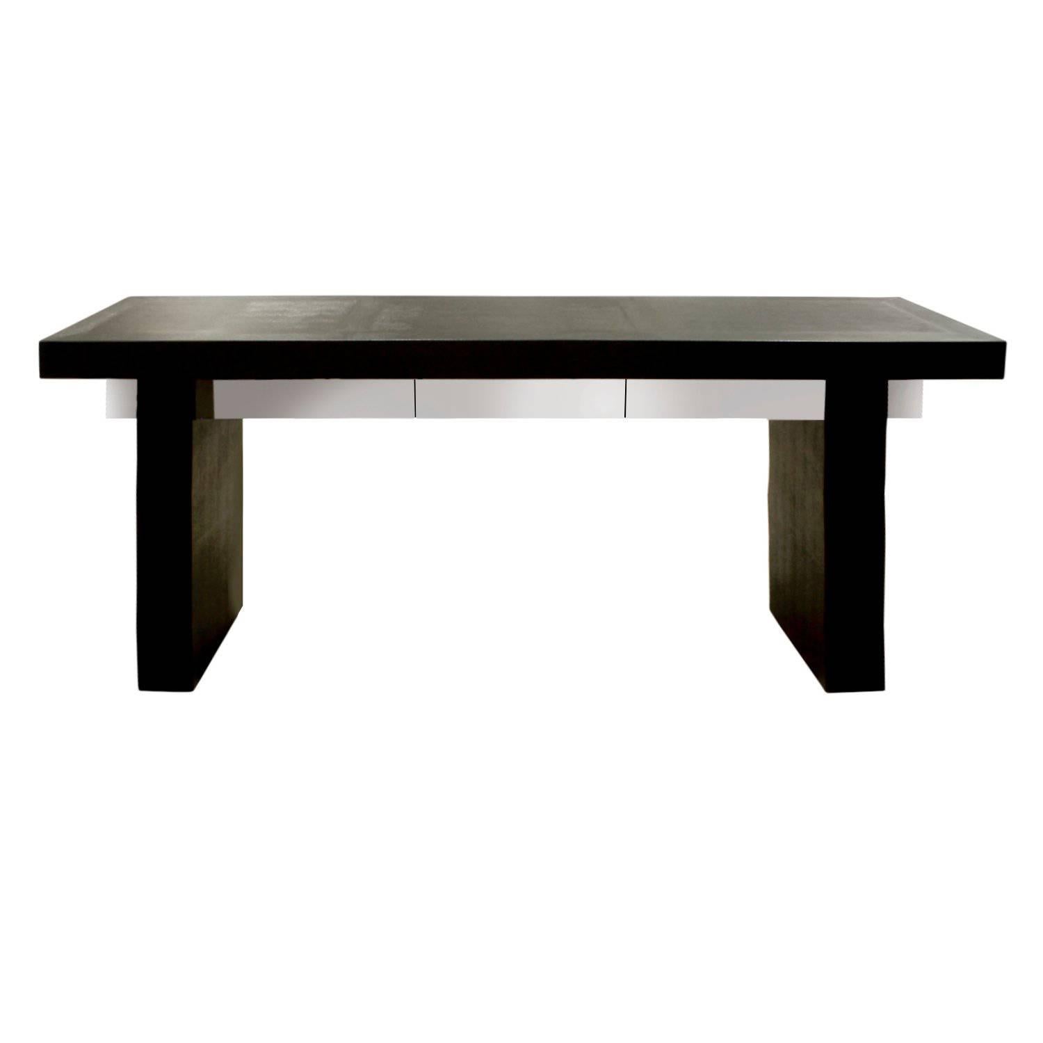 Karl Springer Console Table in Embossed Lizard Leather and Gun Metal, 1986