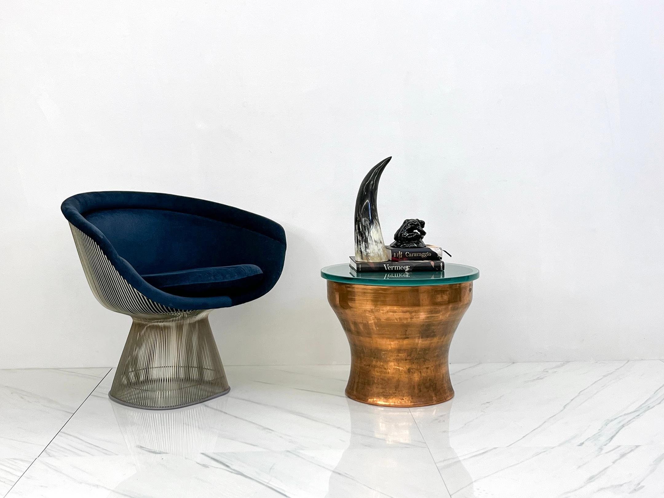 Step into the realm of timeless sophistication with this original Karl Springer Rain Drum Cocktail Table; a dazzling tribute to Southeastern Asian craftsmanship infused with the avant-garde flair of the renowned designer Karl Springer. Crafted in