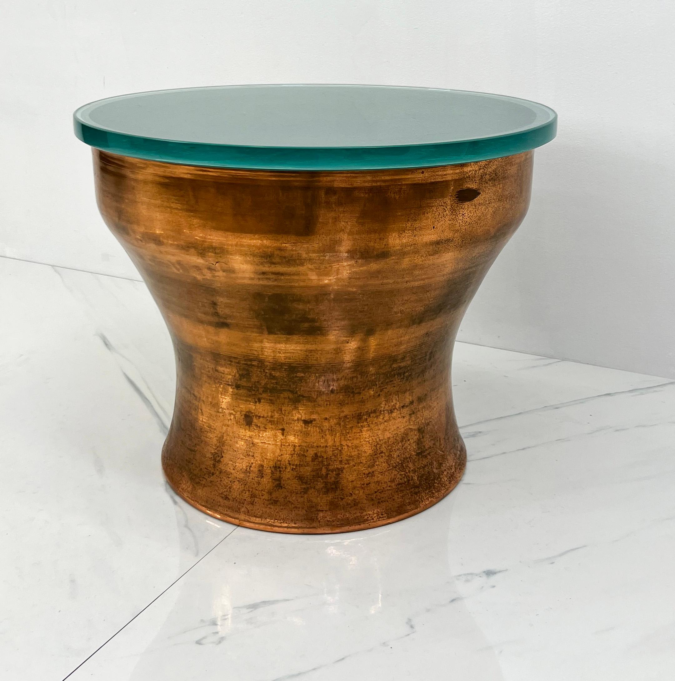 Mid-Century Modern Karl Springer Copper Rain Drum Table With Original Textured Glass Top For Sale