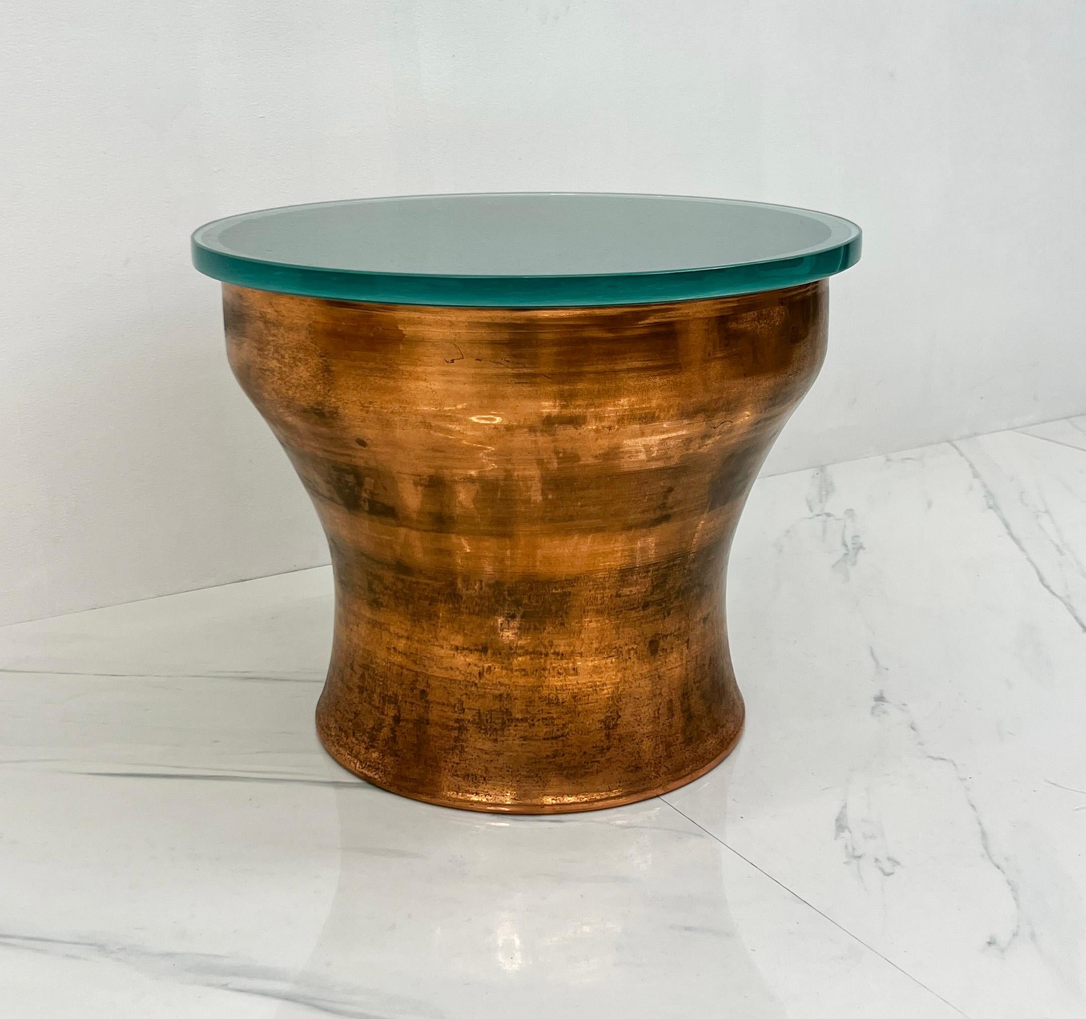 American Karl Springer Copper Rain Drum Table With Original Textured Glass Top For Sale