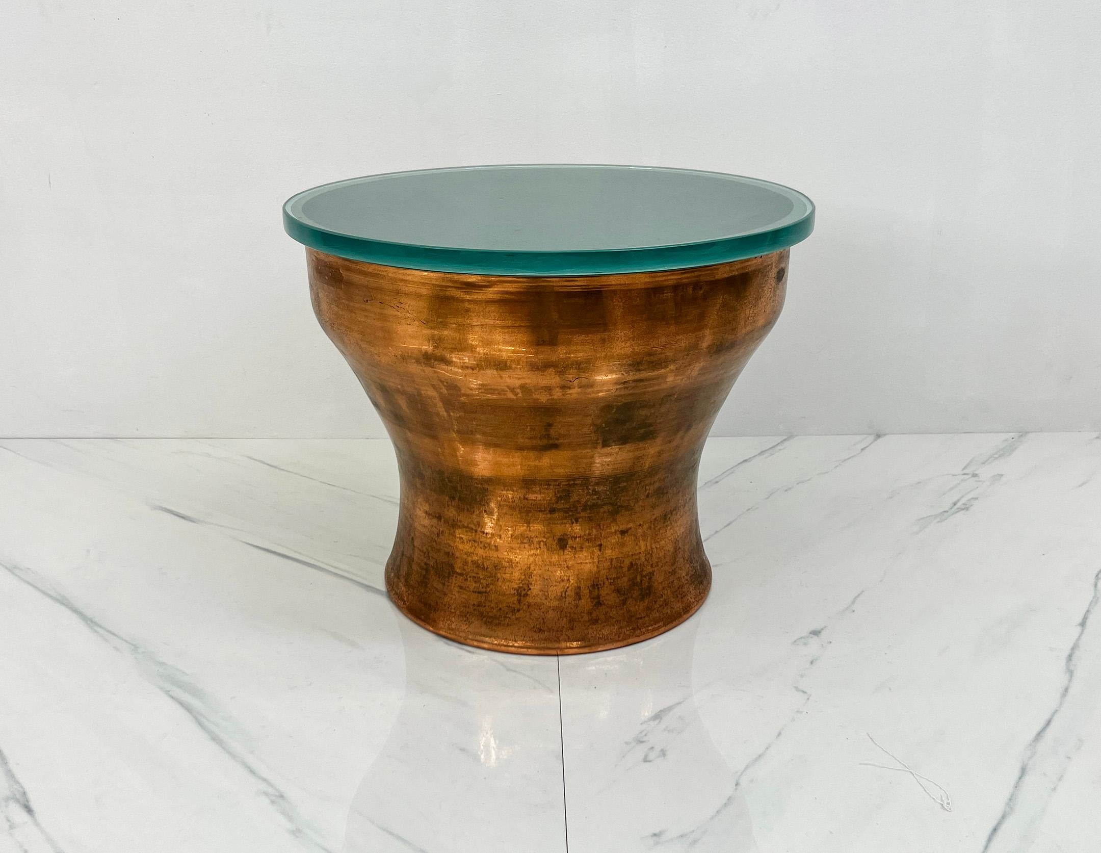 Karl Springer Copper Rain Drum Table With Original Textured Glass Top In Good Condition For Sale In Culver City, CA