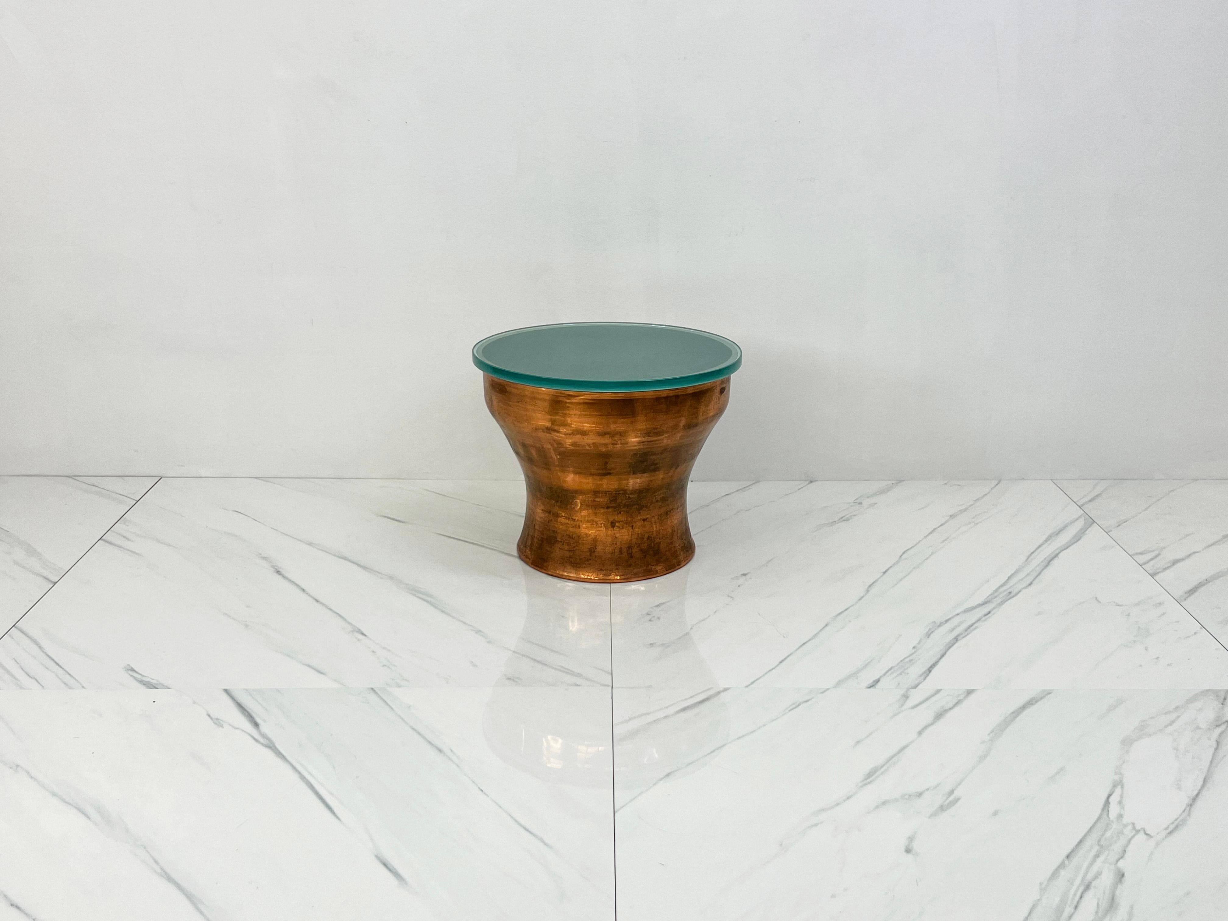 Late 20th Century Karl Springer Copper Rain Drum Table With Original Textured Glass Top For Sale