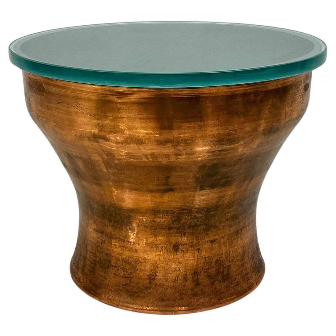 Karl Springer Copper Rain Drum Table With Original Textured Glass Top For Sale