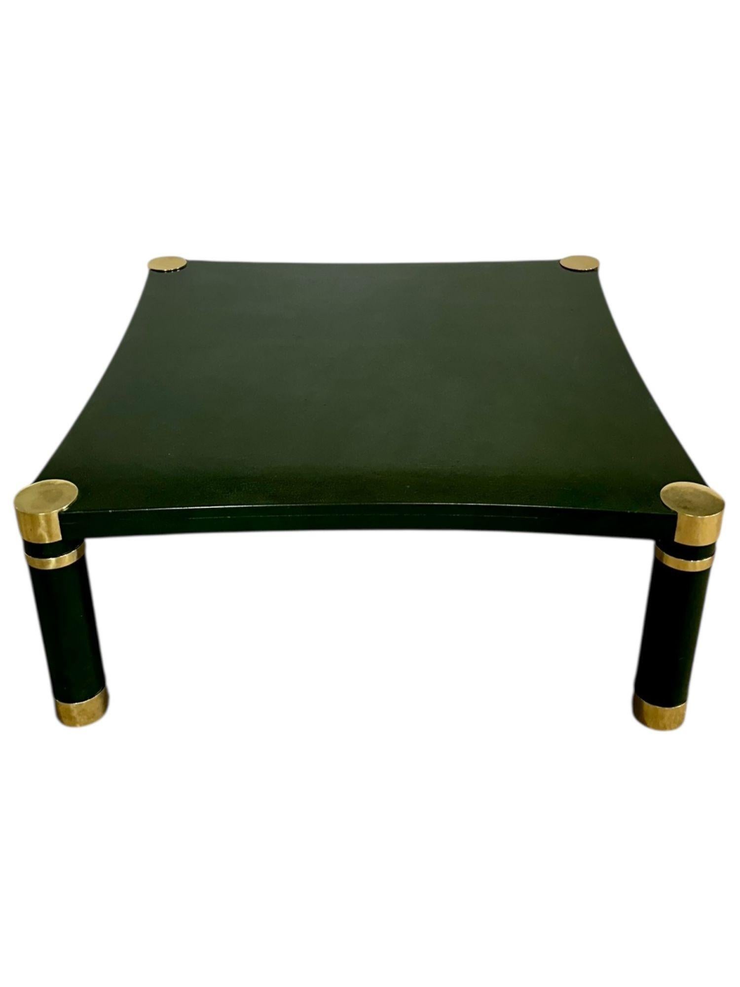Karl Springer Green Crackle Lacquer and Brass Coffee Table, 1970’s.  
Measures 16.25” tall 40.25” x 40.25”
