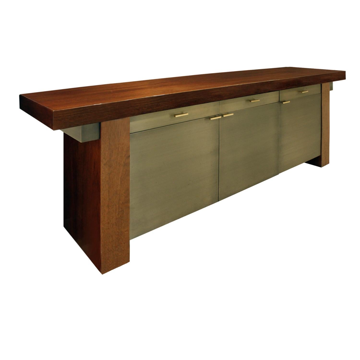 American Karl Springer Credenza in Lacquered Mahogany with Oxidized Bronze Doors, 1980s