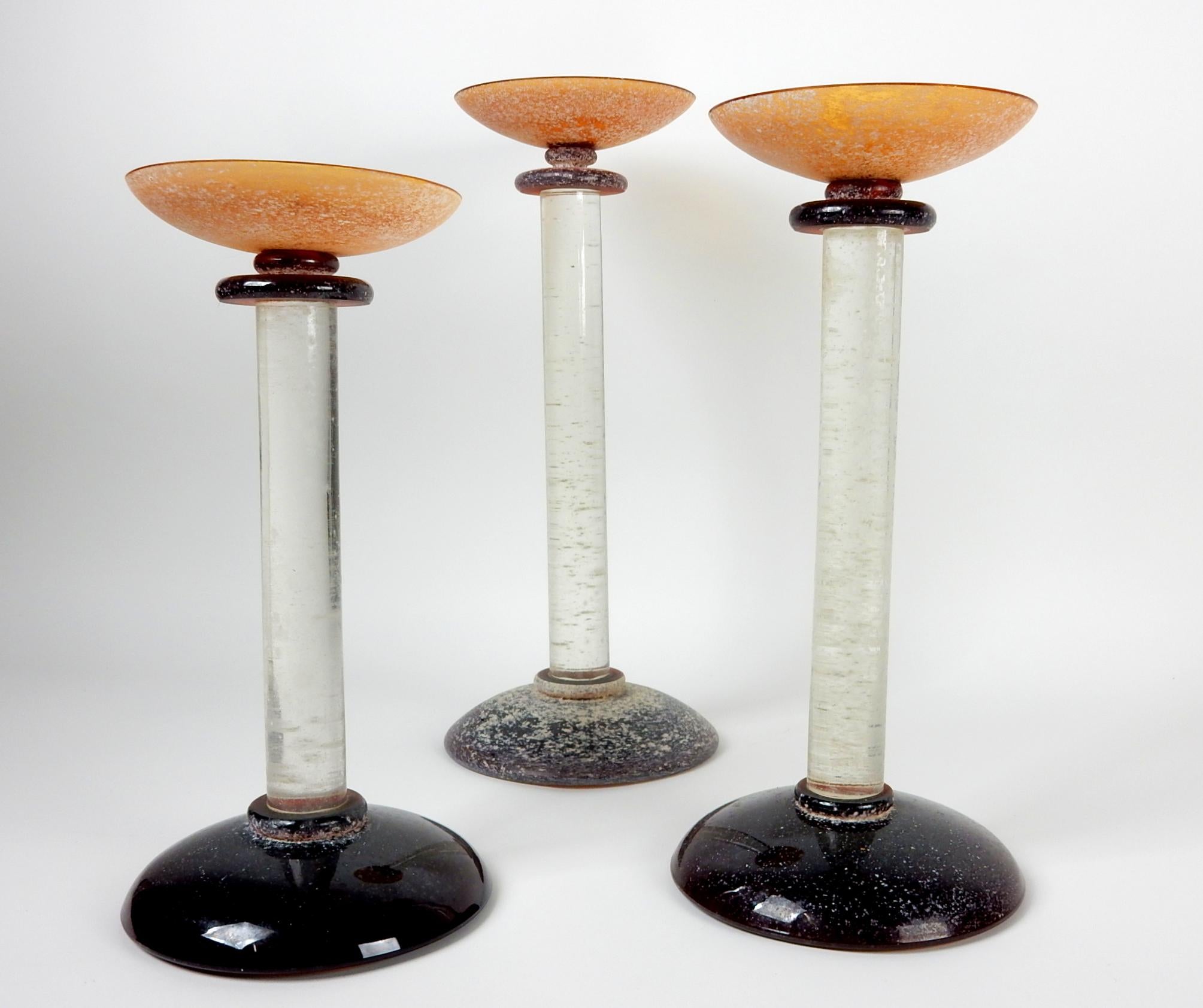 Karl Springer Design Murano Italy Scavo Art Glass Candle Pillar Set, Signed For Sale 4