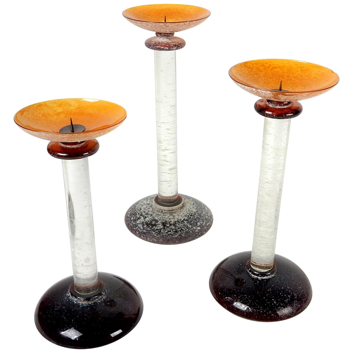Rare set of 3 Murano Italy Scavo art glass candlestick pillars designed by Karl Springer.
Shortest is signed/etched 
