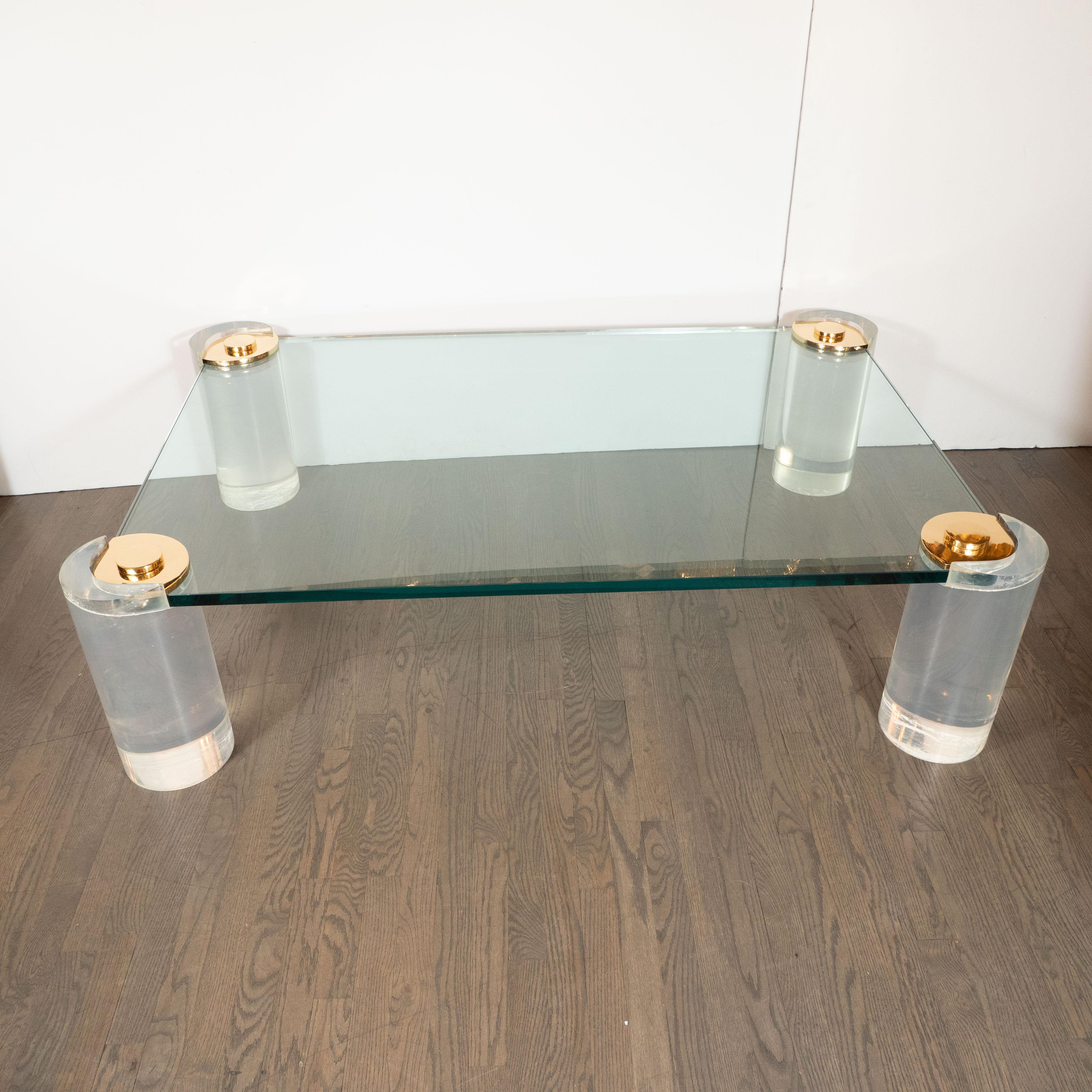 American Karl Springer Documented Mid-Century Modern Lucite, Brass & Glass Cocktail Table