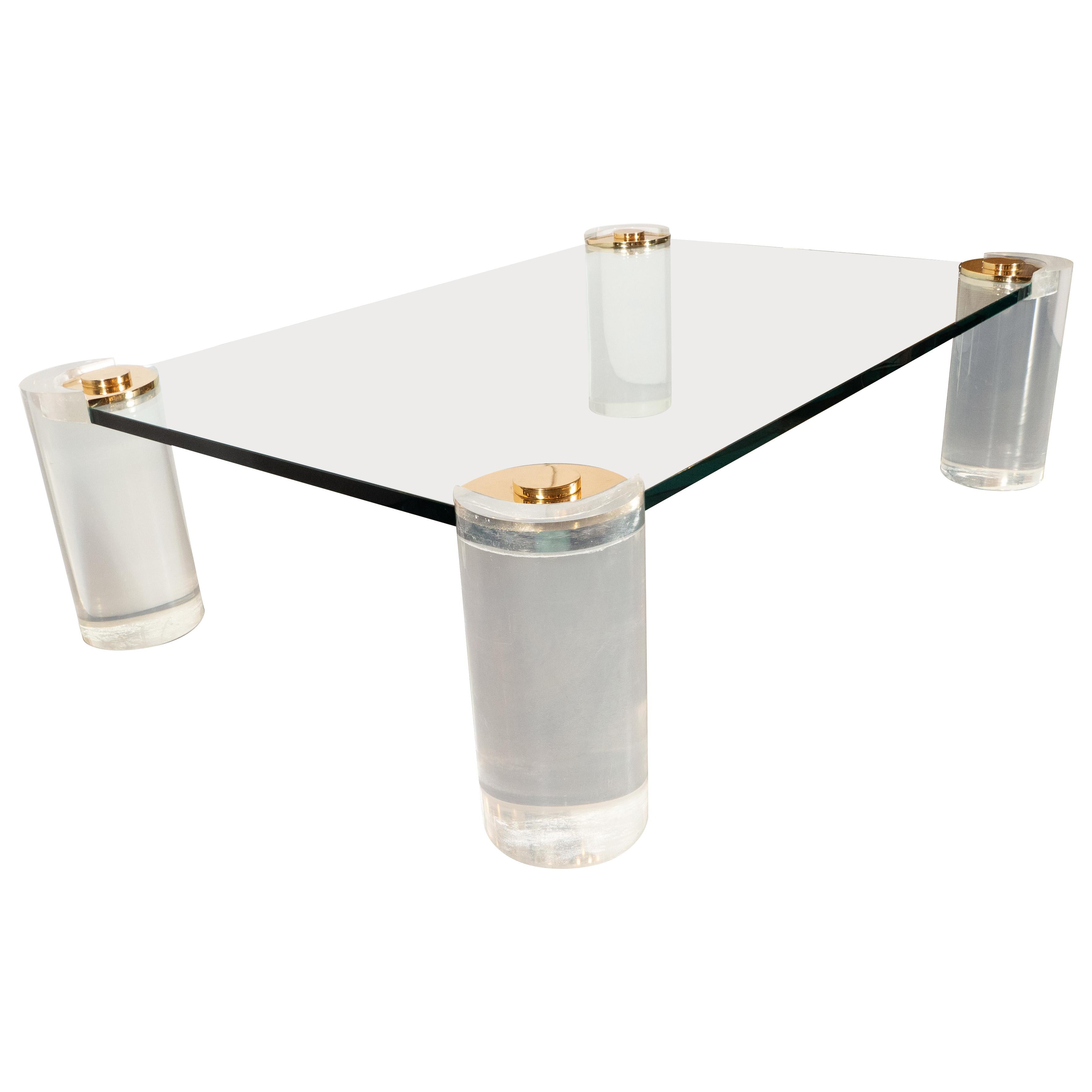 Late 20th Century Karl Springer Documented Mid-Century Modern Lucite, Brass & Glass Cocktail Table