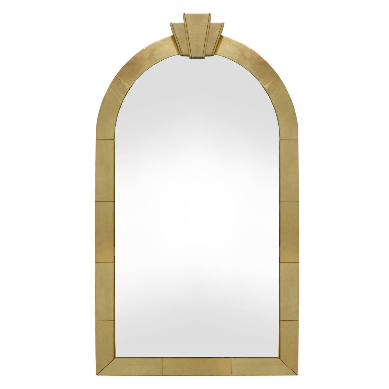 Karl Springer "Dome Top Art Deco Mirror" in Gold Leather, 1991 'Signed'