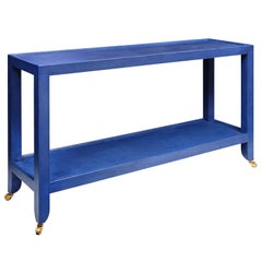 Karl Springer Duchess Console in Blue Lacquered Linen 1990s 'Signed'