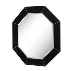 Karl Springer Egyptian Black Porphyry Lacquer Mirror with Chrome Accents, 1980s