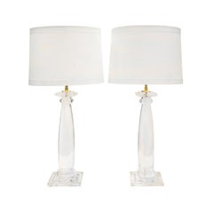 Karl Springer Elegant Pair of "Greek Column Table Lamps" in Solid Lucite, 1980s