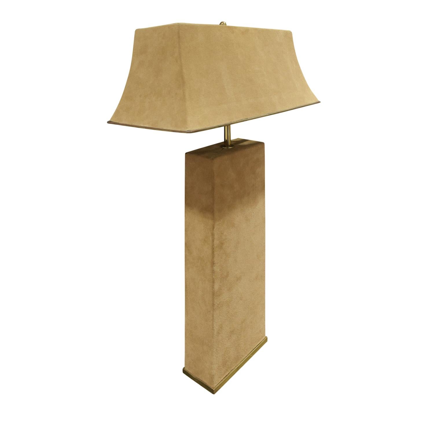 Mid-Century Modern Karl Springer Elegant Pair of Table Lamps in Brass and Beige Suede, 1970s