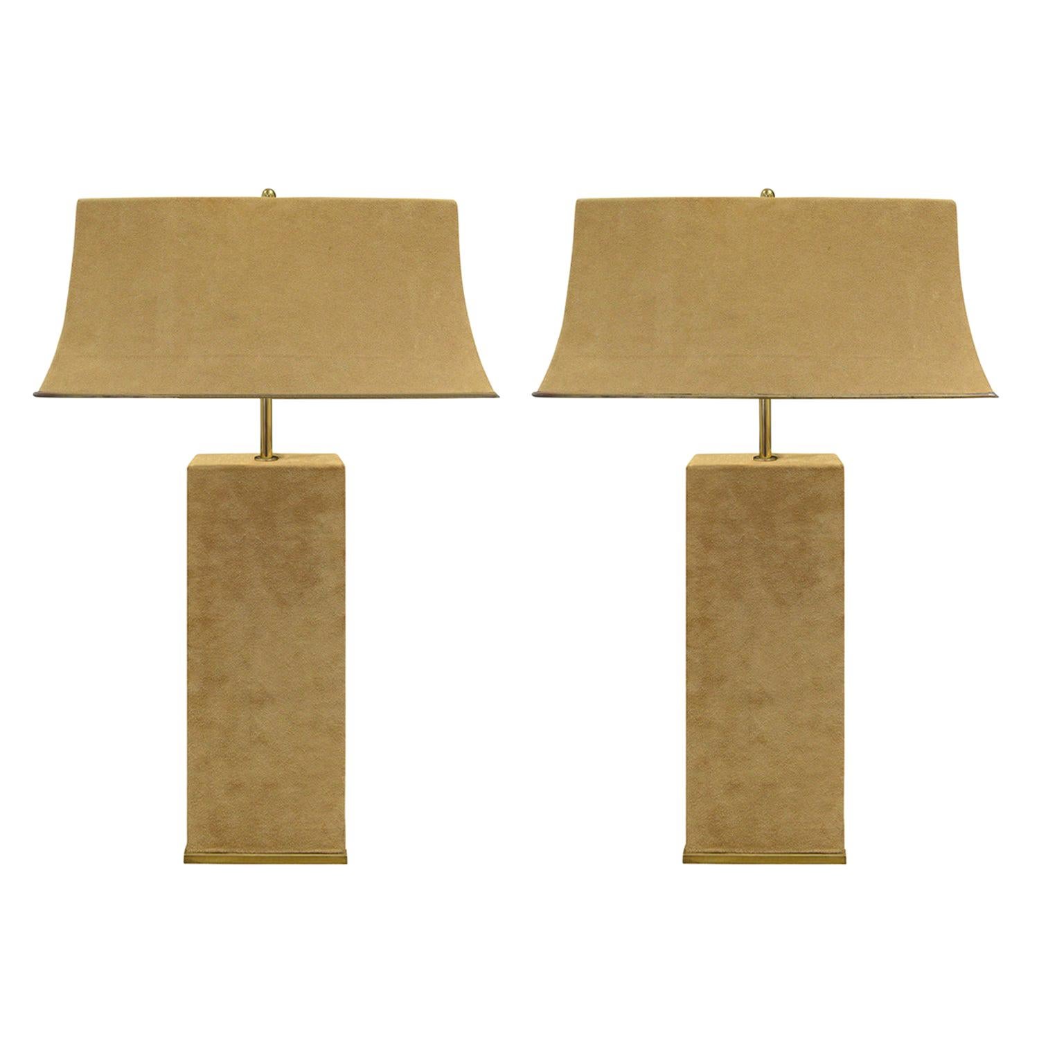 Karl Springer Elegant Pair of Table Lamps in Brass and Beige Suede, 1970s