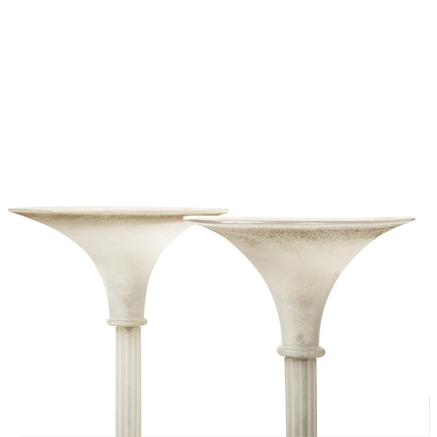 Modern Karl Springer Elegant Pair of White Scavo Glass Torcheres, 1980s