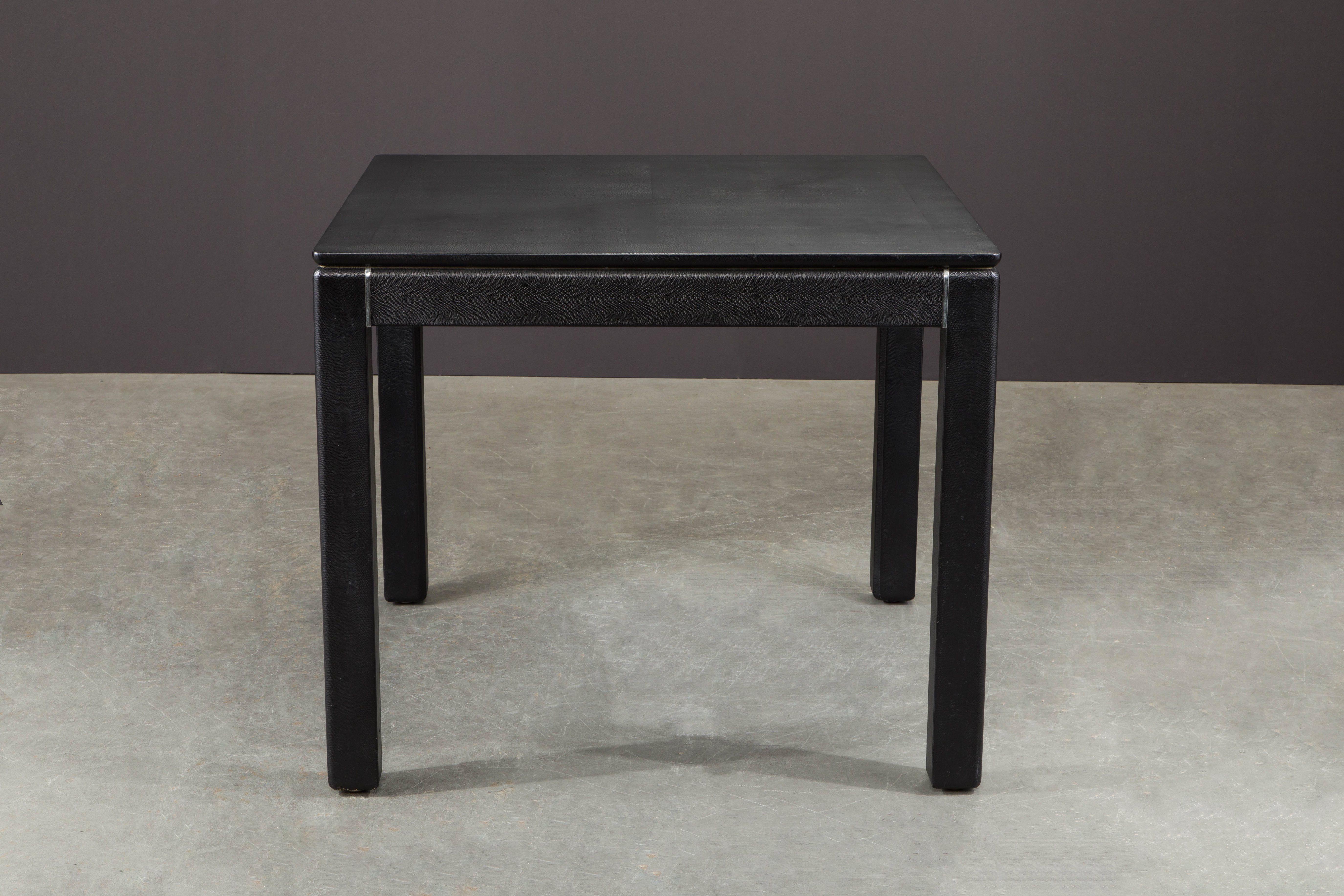 A gorgeous Karl Springer table which is signed and dated underneath table top (see photos) in beautiful black shagreen embossed leather. Signed Karl Springer and dated 1983, this incredible collectors example is ideal for art and design investors