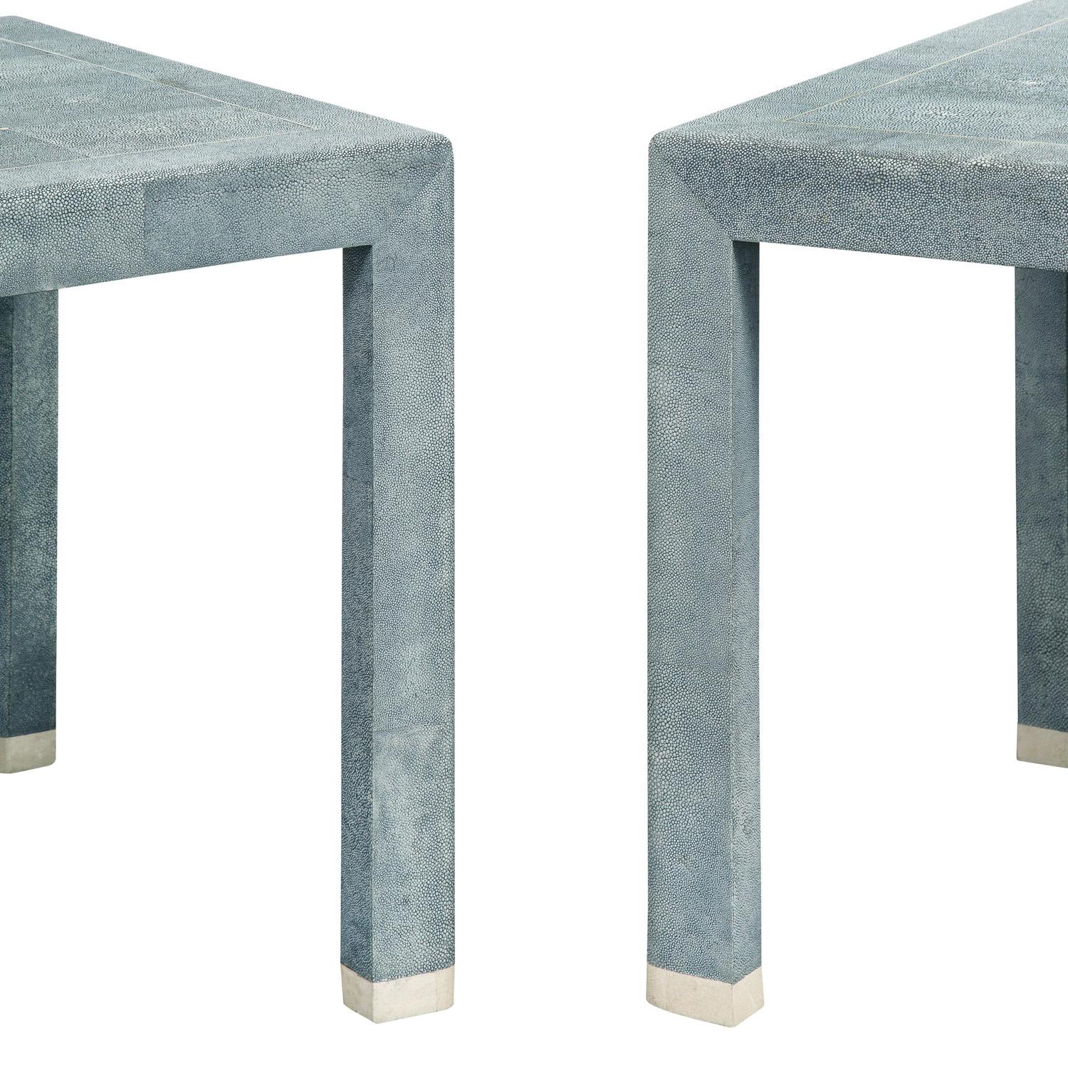 Hand-Crafted Karl Springer End Tables in Shagreen with Bone Inlays 1980s 'Signed'