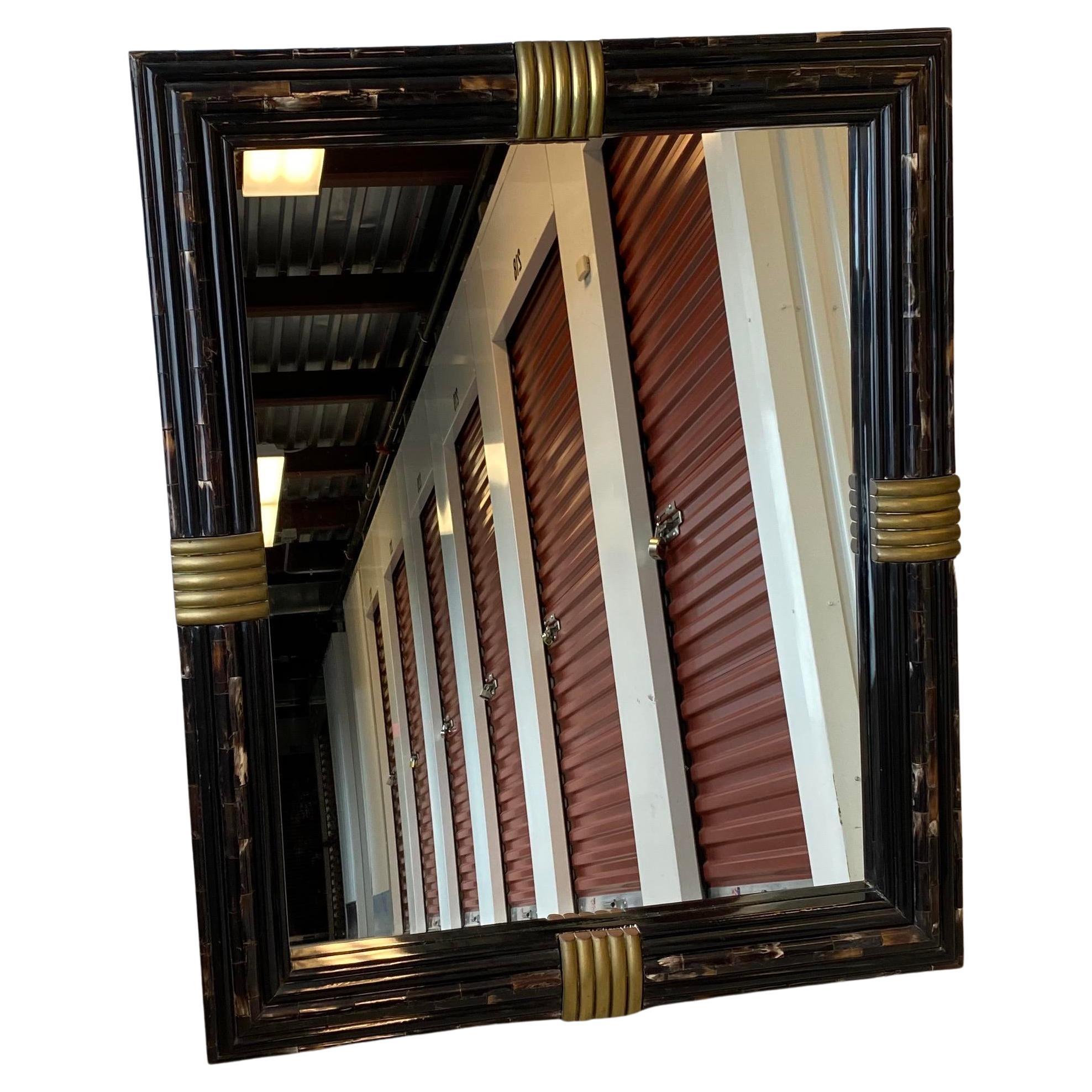 Hollywood Regency Karl Springer/ Enrique Garcel Inlaid Horn Mirror With Brass Details For Sale