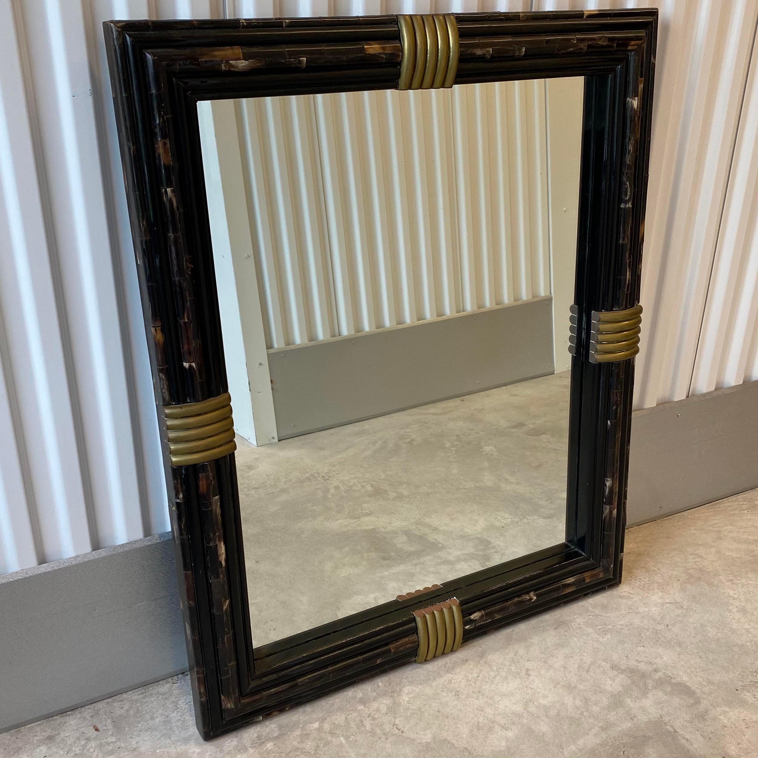 Philippine Karl Springer/ Enrique Garcel Inlaid Horn Mirror With Brass Details For Sale