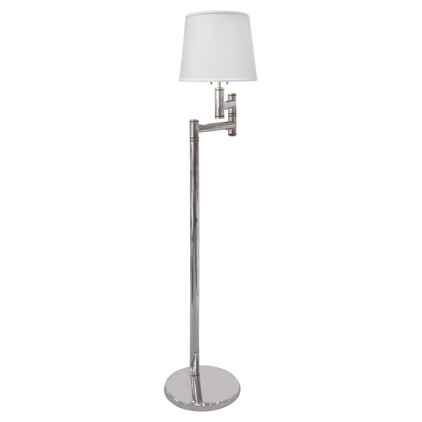 Karl Springer Exceptional Chrome and Brass Swing-Arm Floor Lamp 1980s