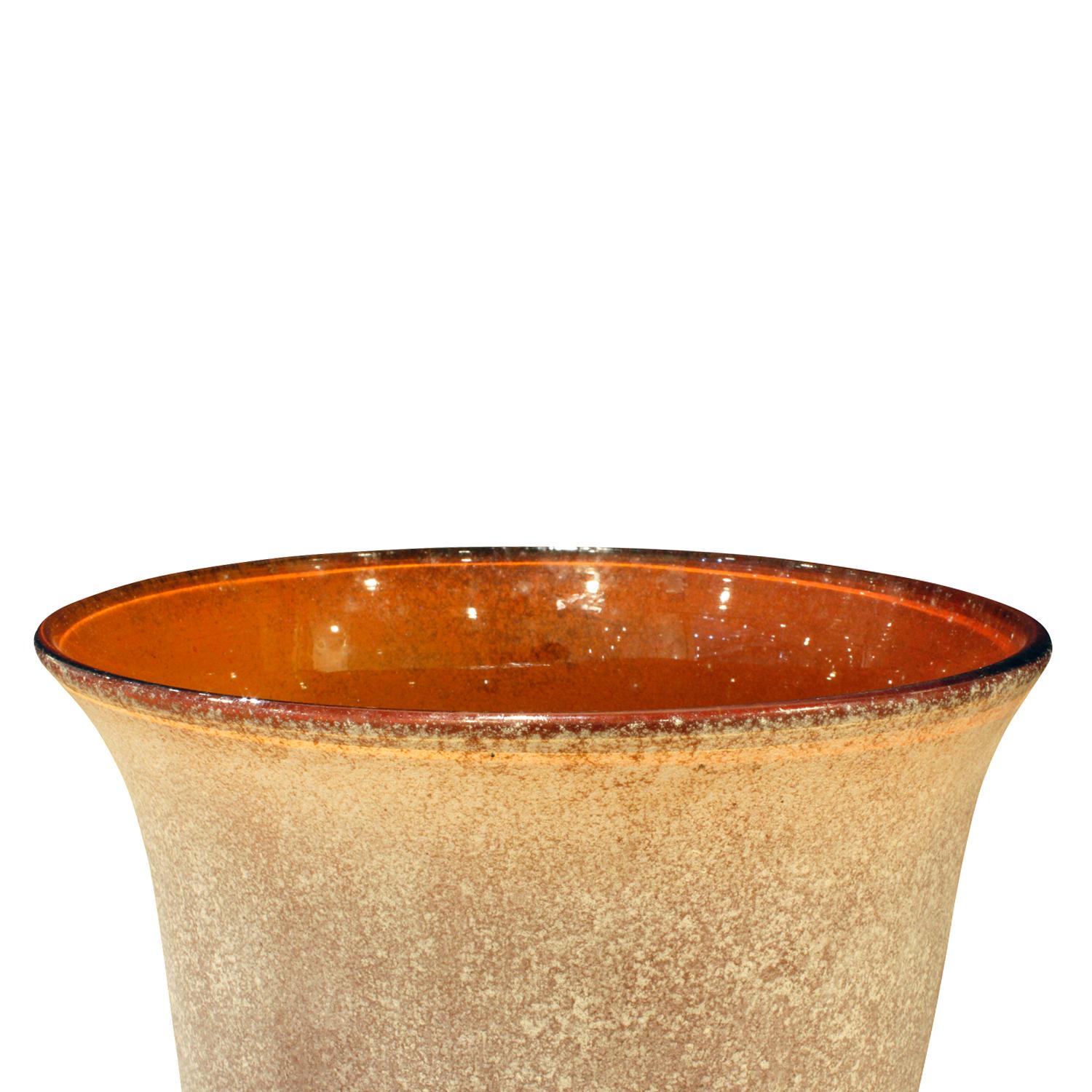 Large hand blown amber glass vase with scavo finish by Seguso, Murano Italy, for Karl Springer, American 1980s. Signed on bottom “Karl Springer”. The scale of this piece is remarkable.