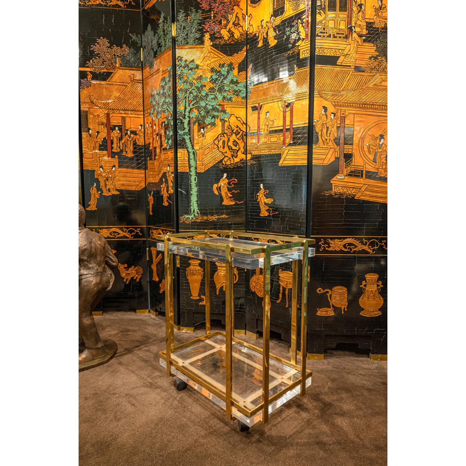 Late 20th Century Karl Springer Exceptional Rare Serving/Bar Cart in Brass and Lucite, 1980s For Sale