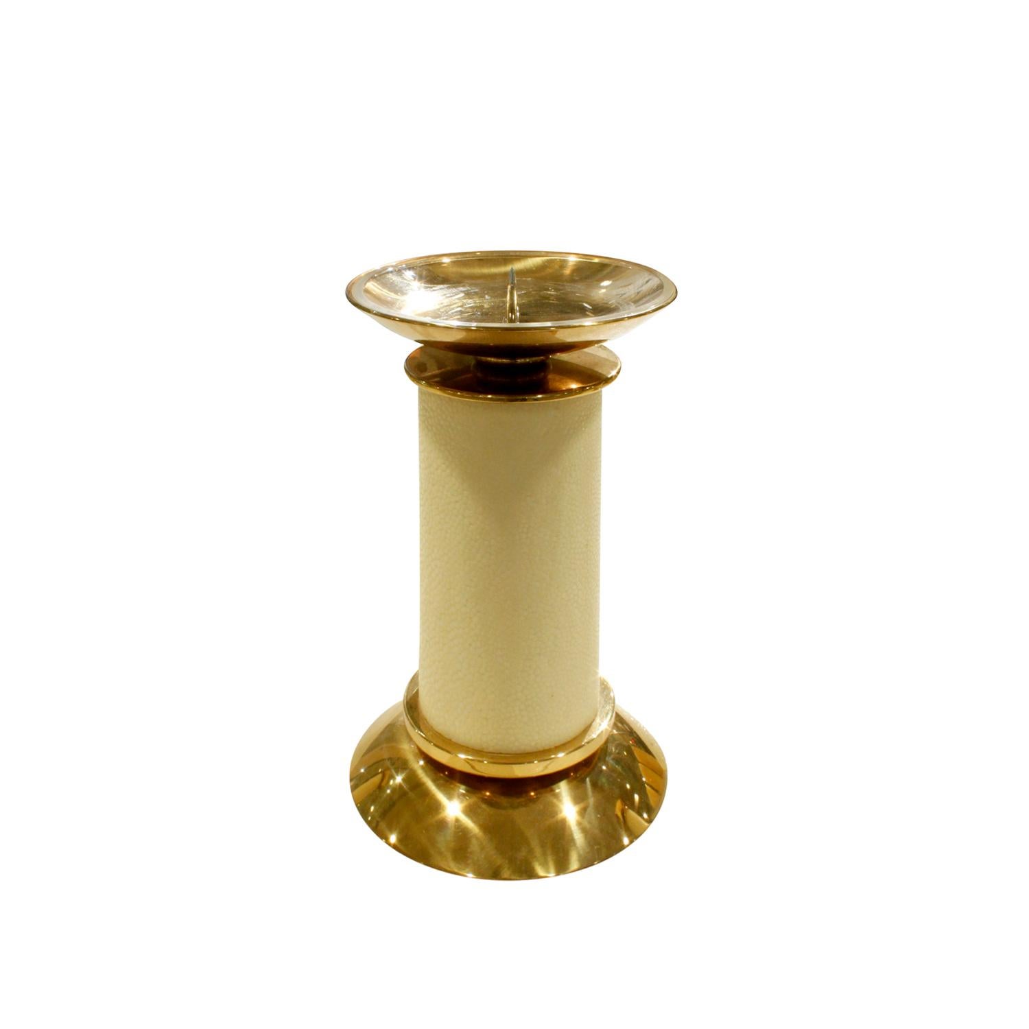 Hand-Crafted Karl Springer Exceptional Set of 3 Candle Holders in Brass and Shagreen, 1980s