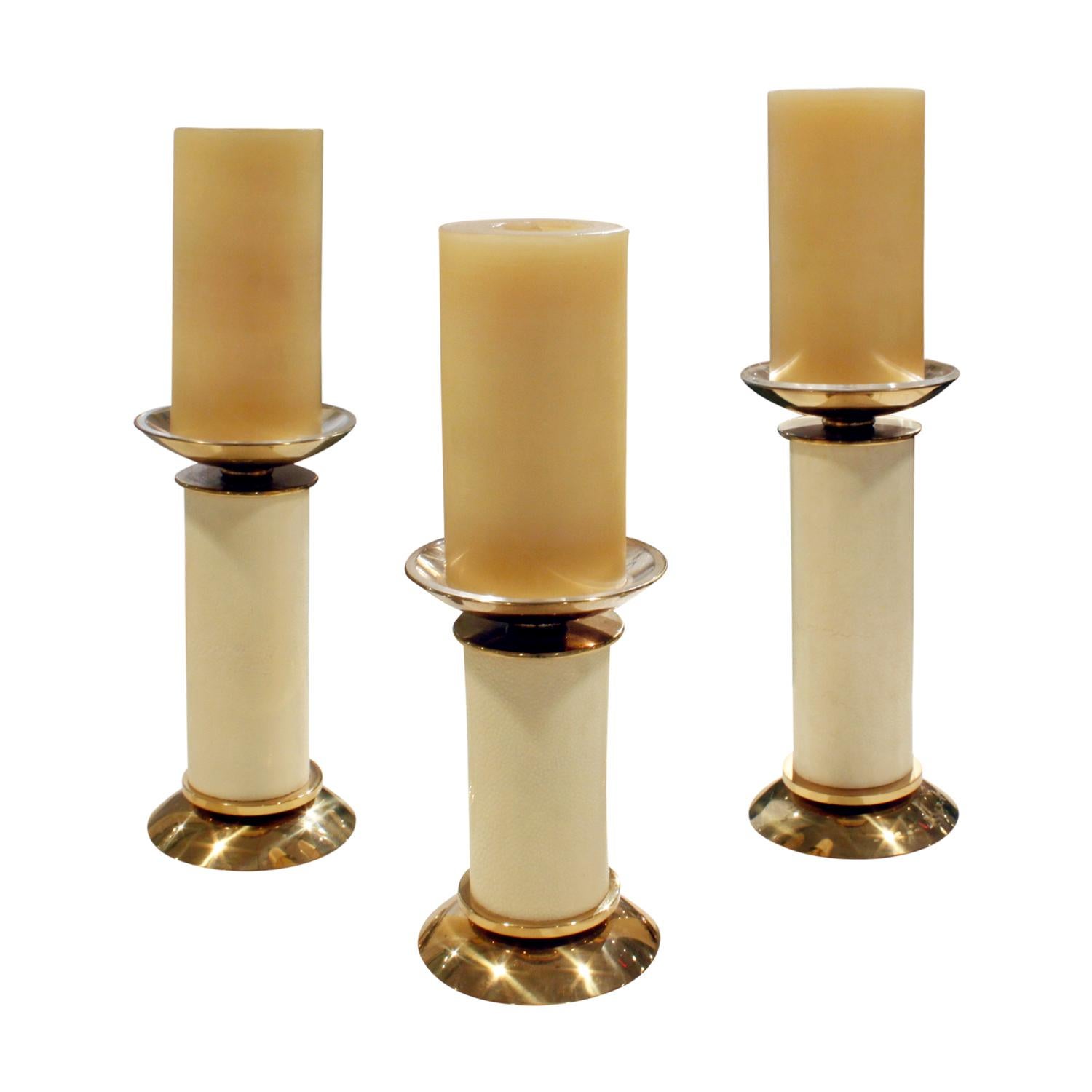 Karl Springer Exceptional Set of 3 Candle Holders in Brass and Shagreen, 1980s