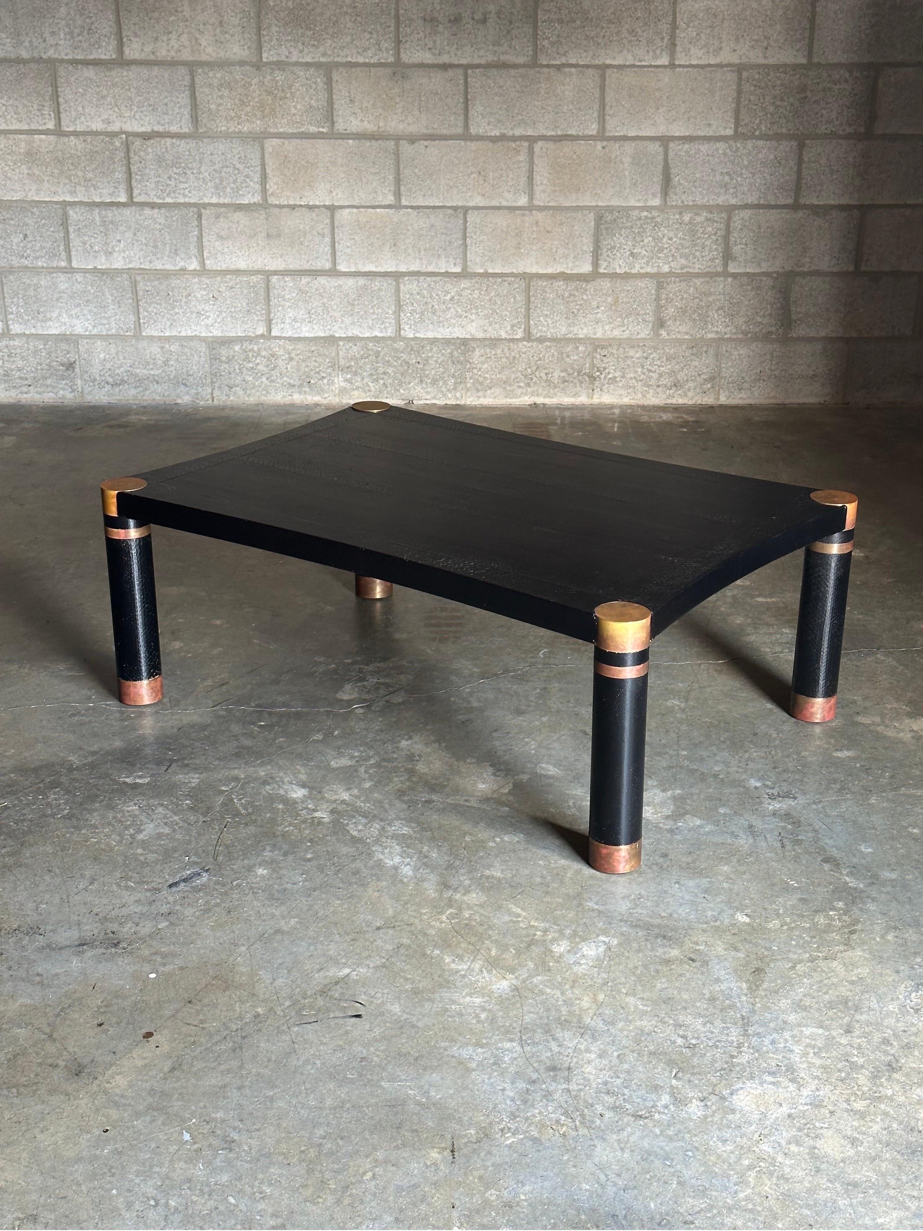 Karl Springer Exotic Leather and Patinated Brass Coffee Table For Sale 7