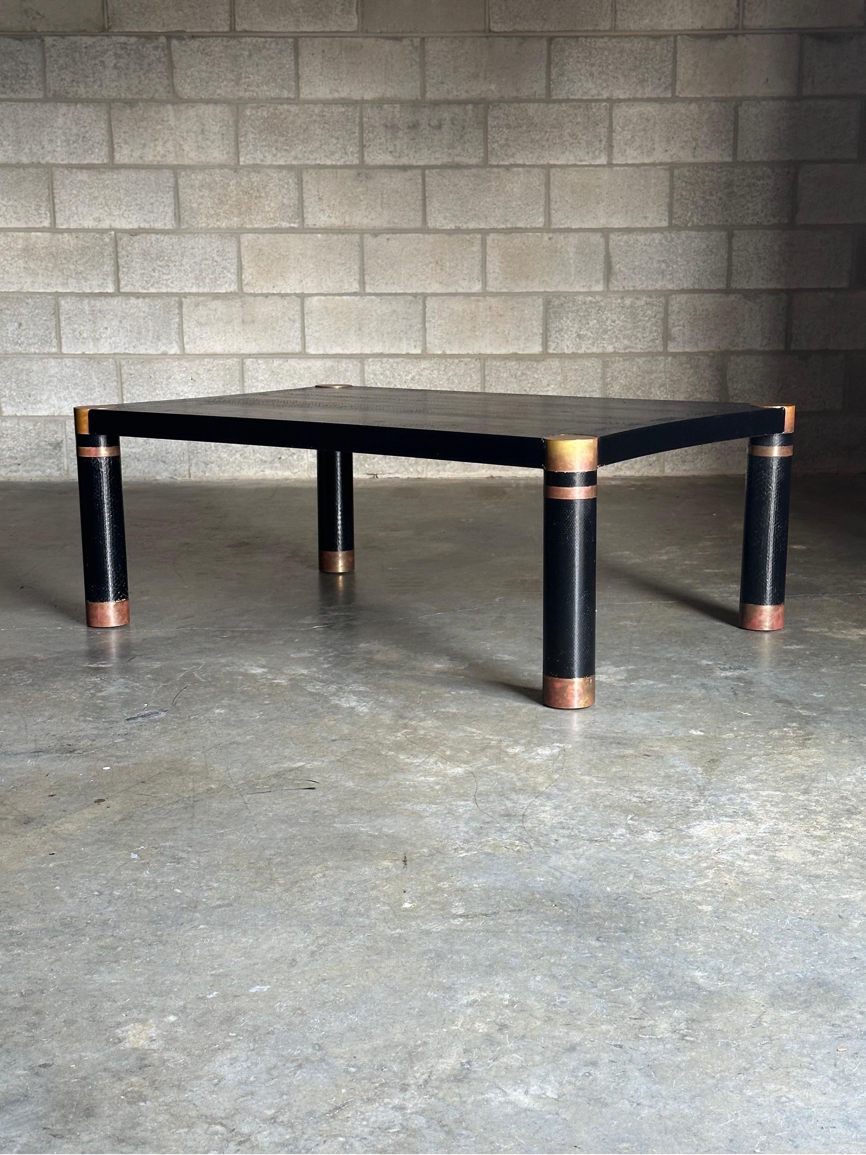 Mid-Century Modern Karl Springer Exotic Leather and Patinated Brass Coffee Table For Sale