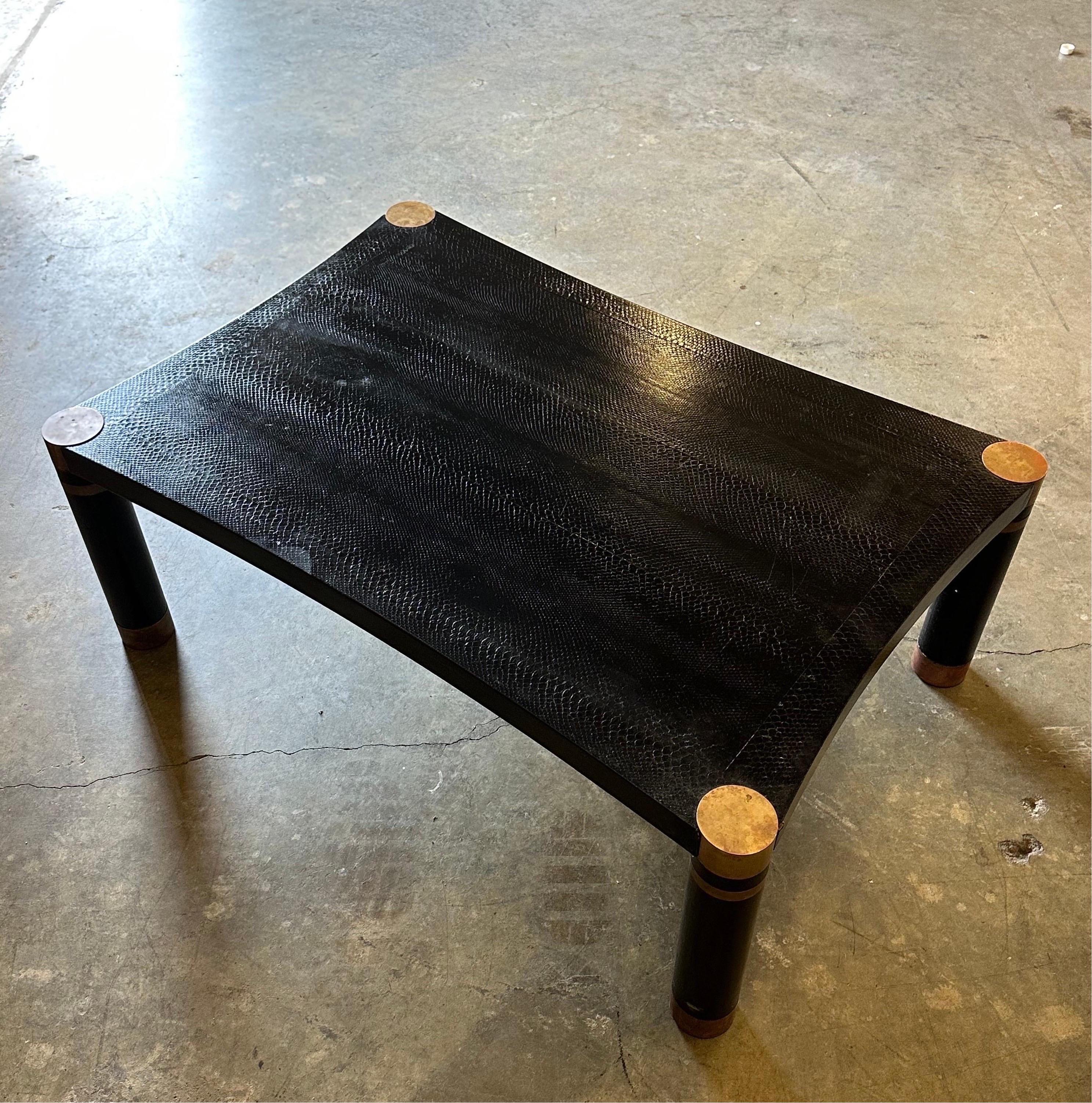 American Karl Springer Exotic Leather and Patinated Brass Coffee Table For Sale