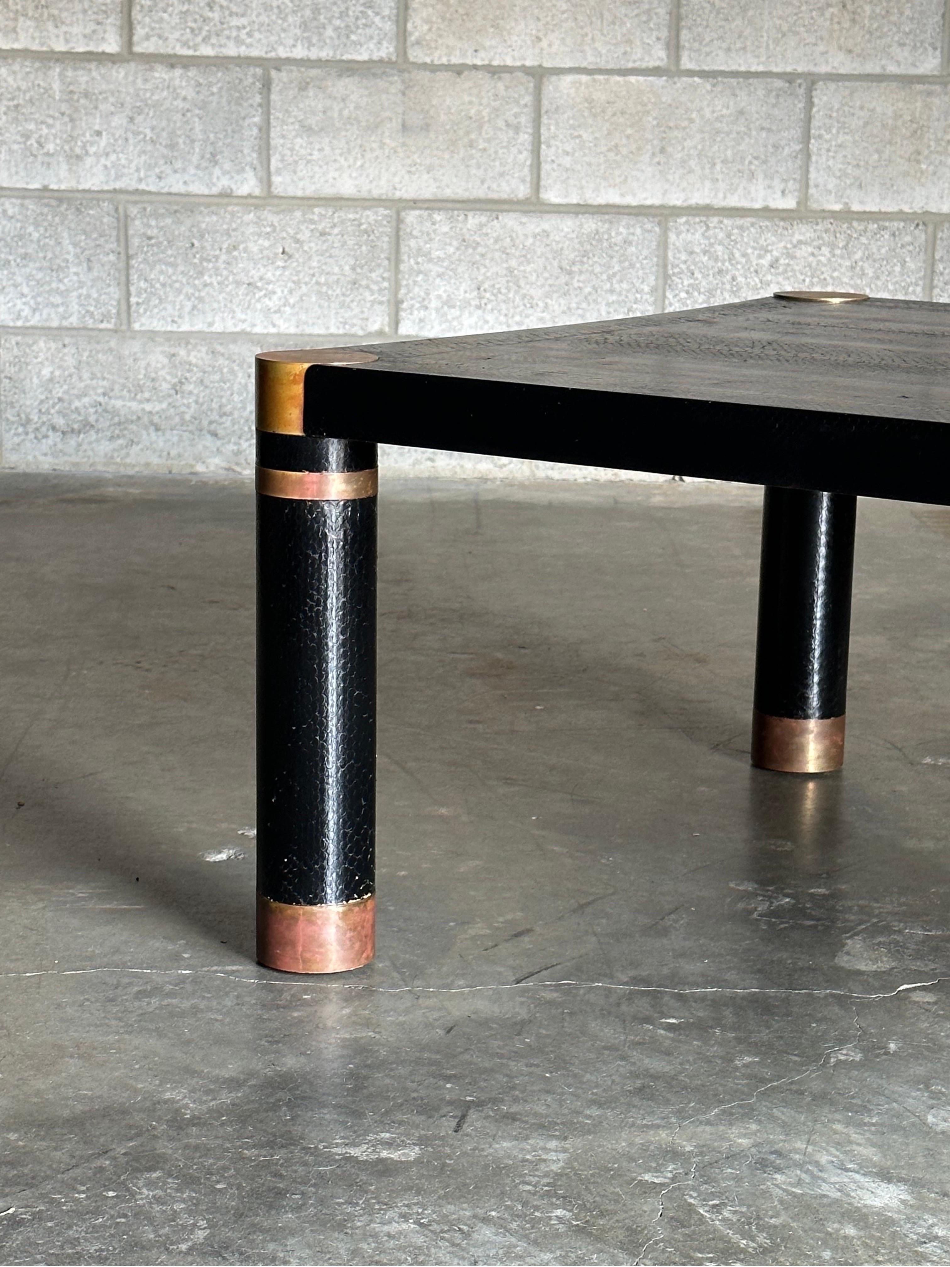 Karl Springer Exotic Leather and Patinated Brass Coffee Table For Sale 1