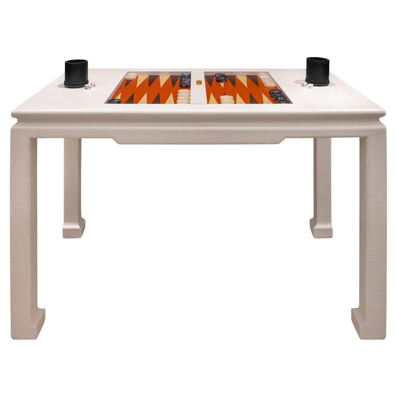 Karl Springer Squisito "Tavolo da gioco in stile cinese" in lino laccato anni '70 in vendita