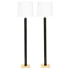 Karl Springer Exquisite Pair of Floor Lamps in Black Lacquer and Brass 1980s