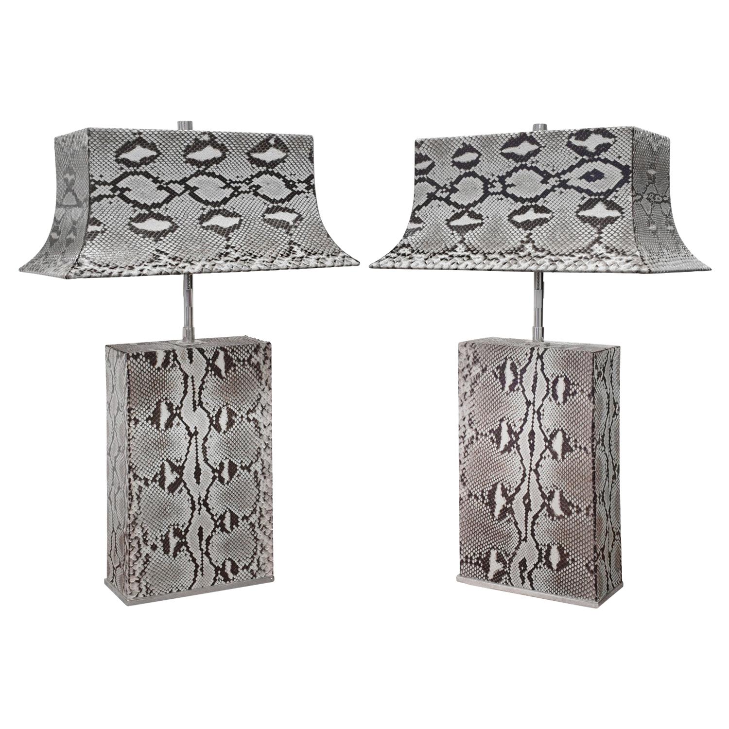 Karl Springer Exquisite Pair of Pagoda Table Lamps in Python 1980s 'Signed'